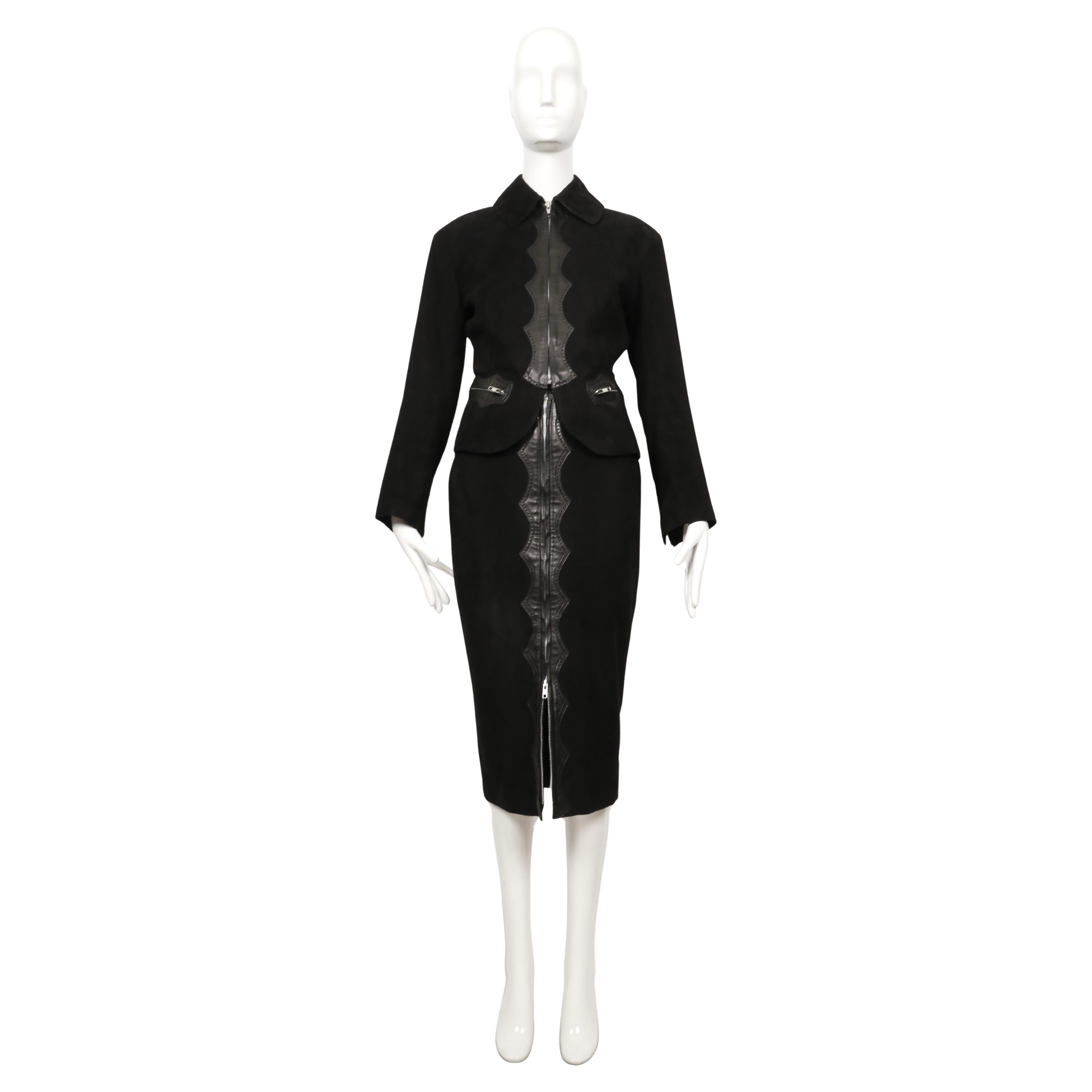 1992 AZZEDINE ALAIA black suede RUNWAY jacket and skirt suit with zippers en vente