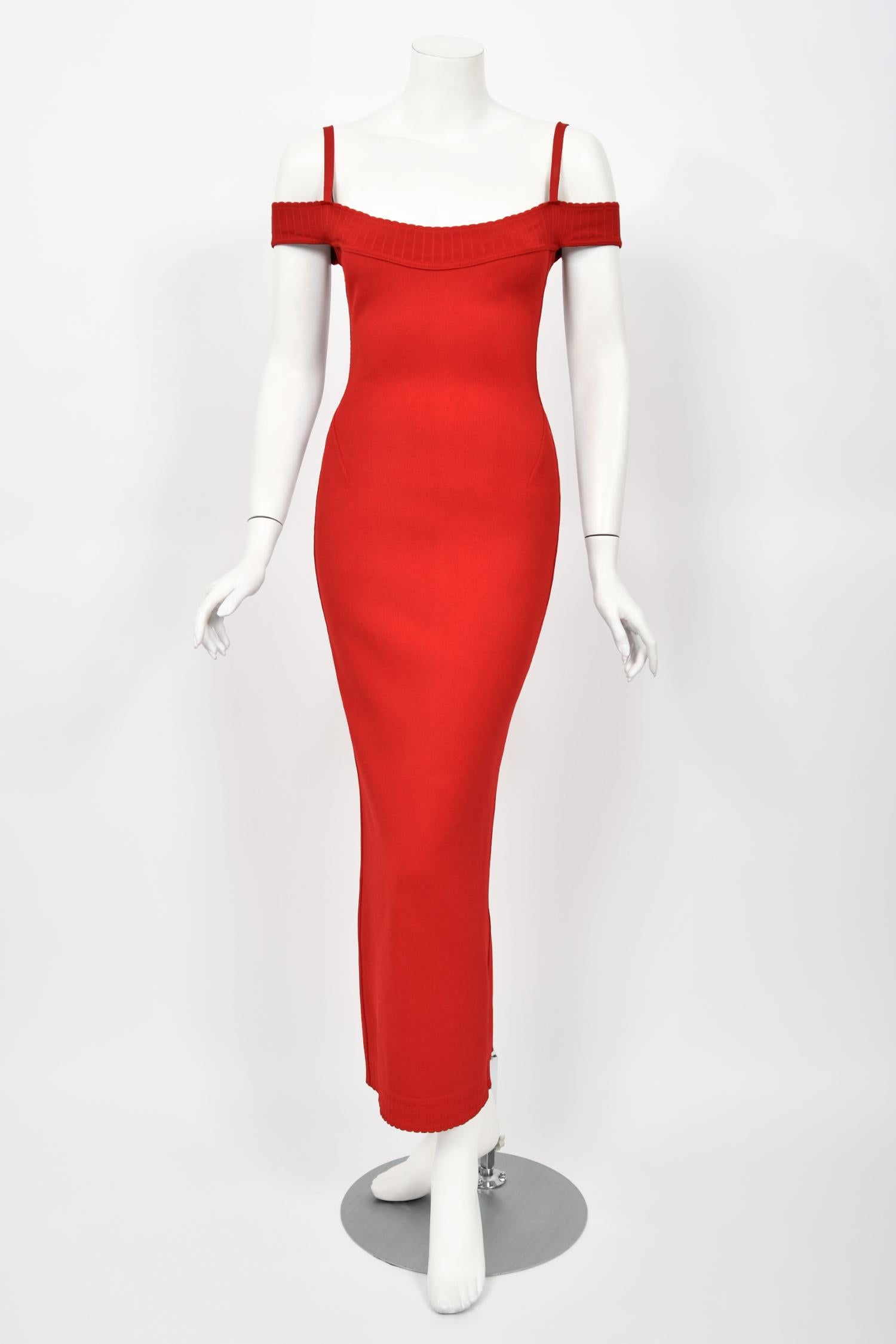 1992 Azzedine Alaia Red Stretch Knit Cold-Shoulder Bodycon Hourglass Maxi Dress 8