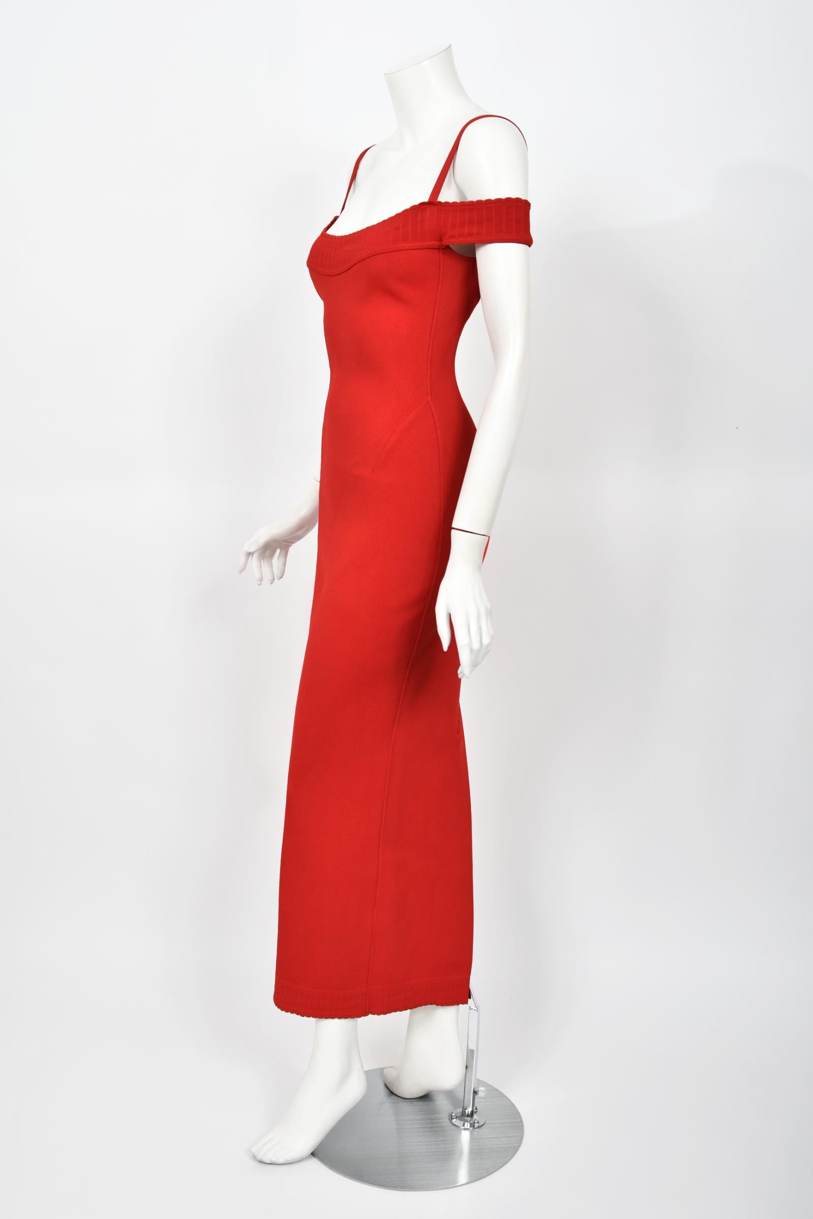 1992 Azzedine Alaia Red Stretch Knit Cold-Shoulder Bodycon Hourglass Maxi Dress 9