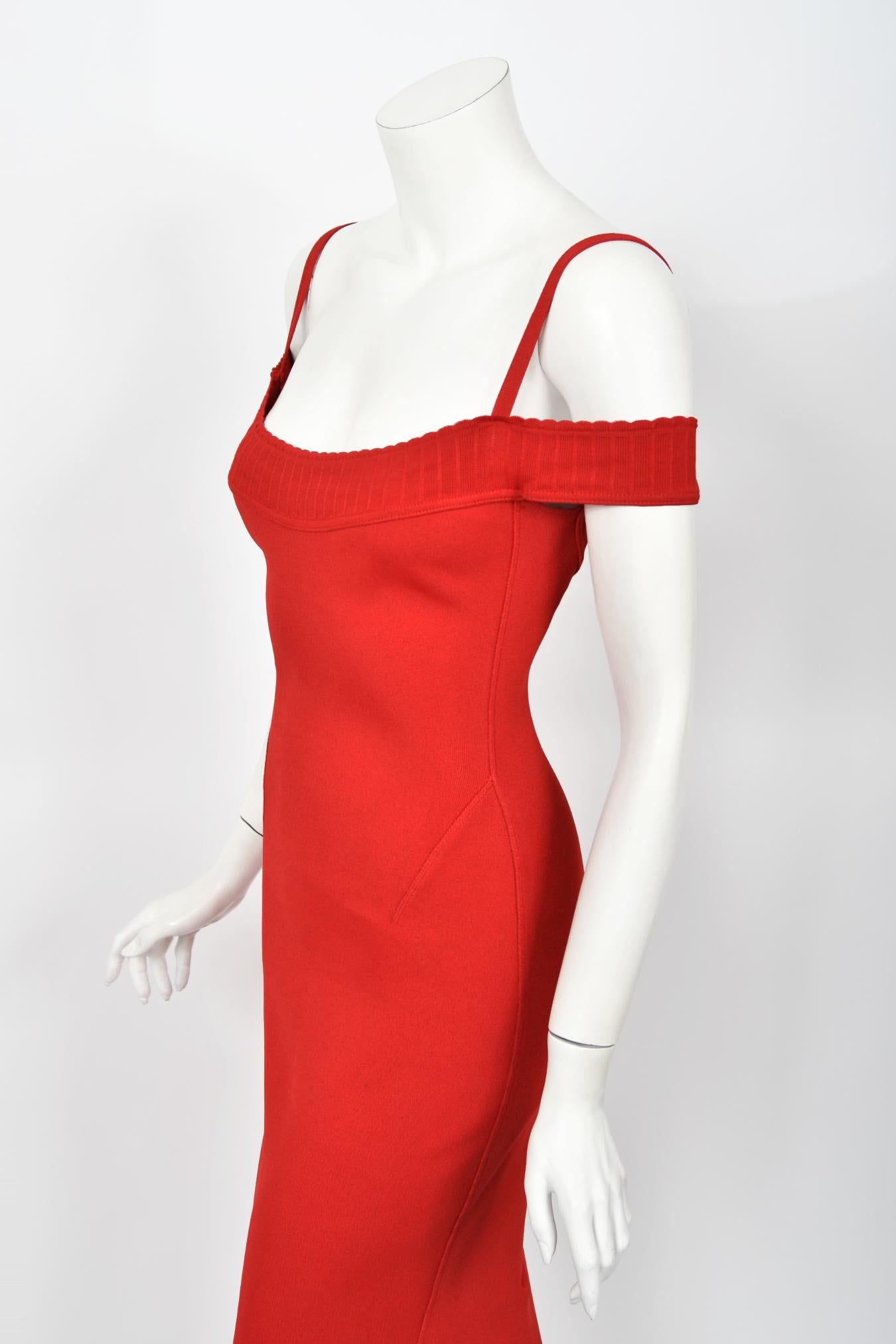 1992 Azzedine Alaia Red Stretch Knit Cold-Shoulder Bodycon Hourglass Maxi Dress 10
