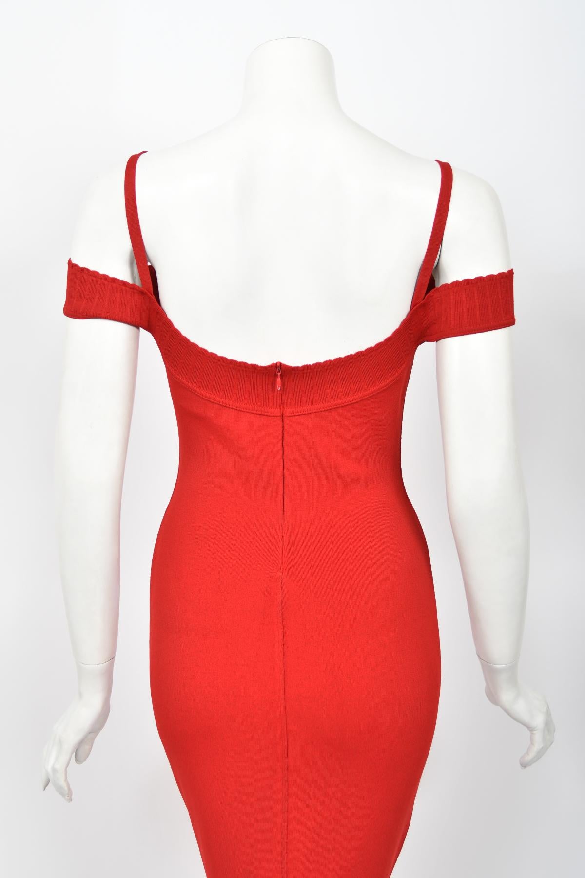 1992 Azzedine Alaia Red Stretch Knit Cold-Shoulder Bodycon Hourglass Maxi Dress 12