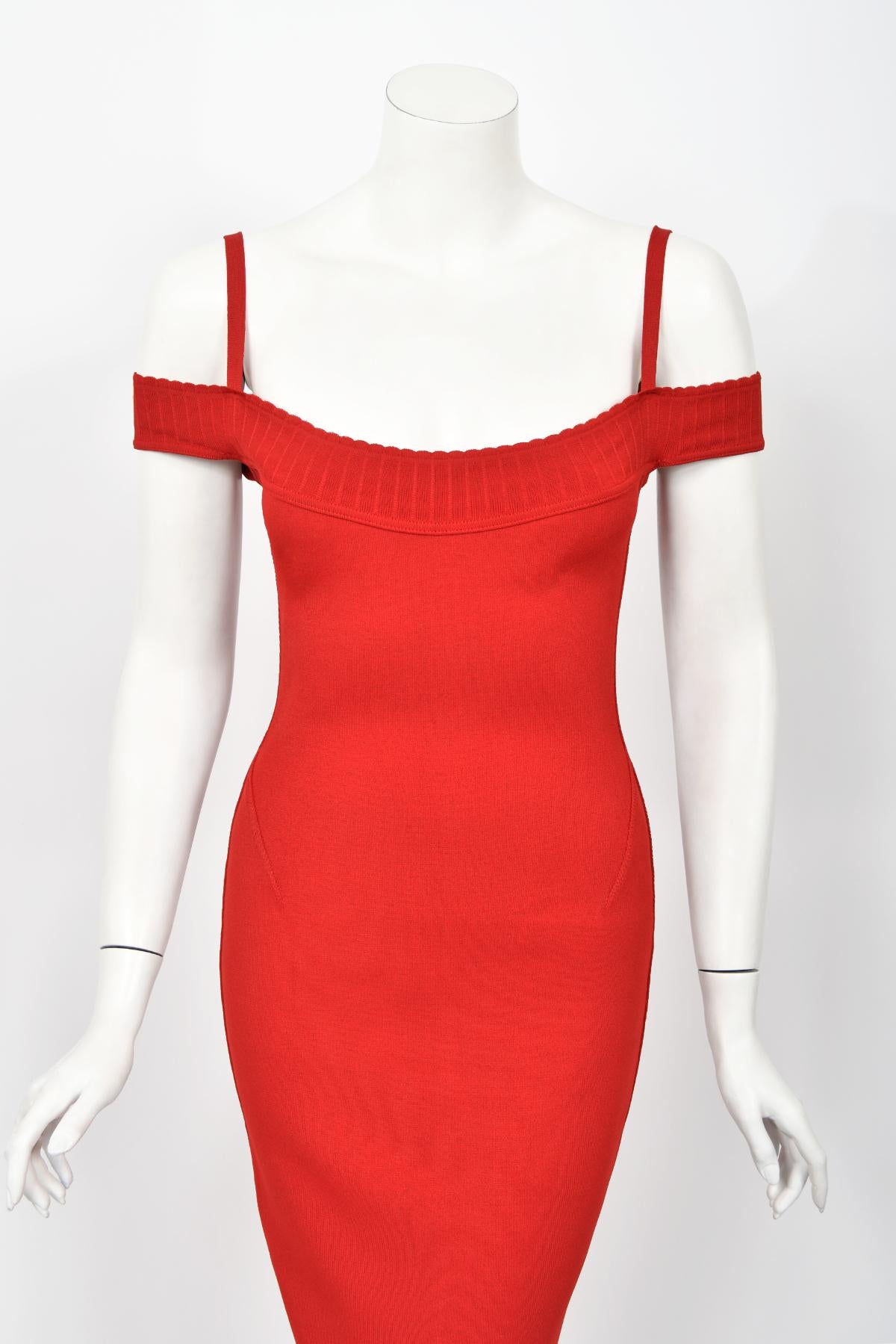 Women's 1992 Azzedine Alaia Red Stretch Knit Cold-Shoulder Bodycon Hourglass Maxi Dress