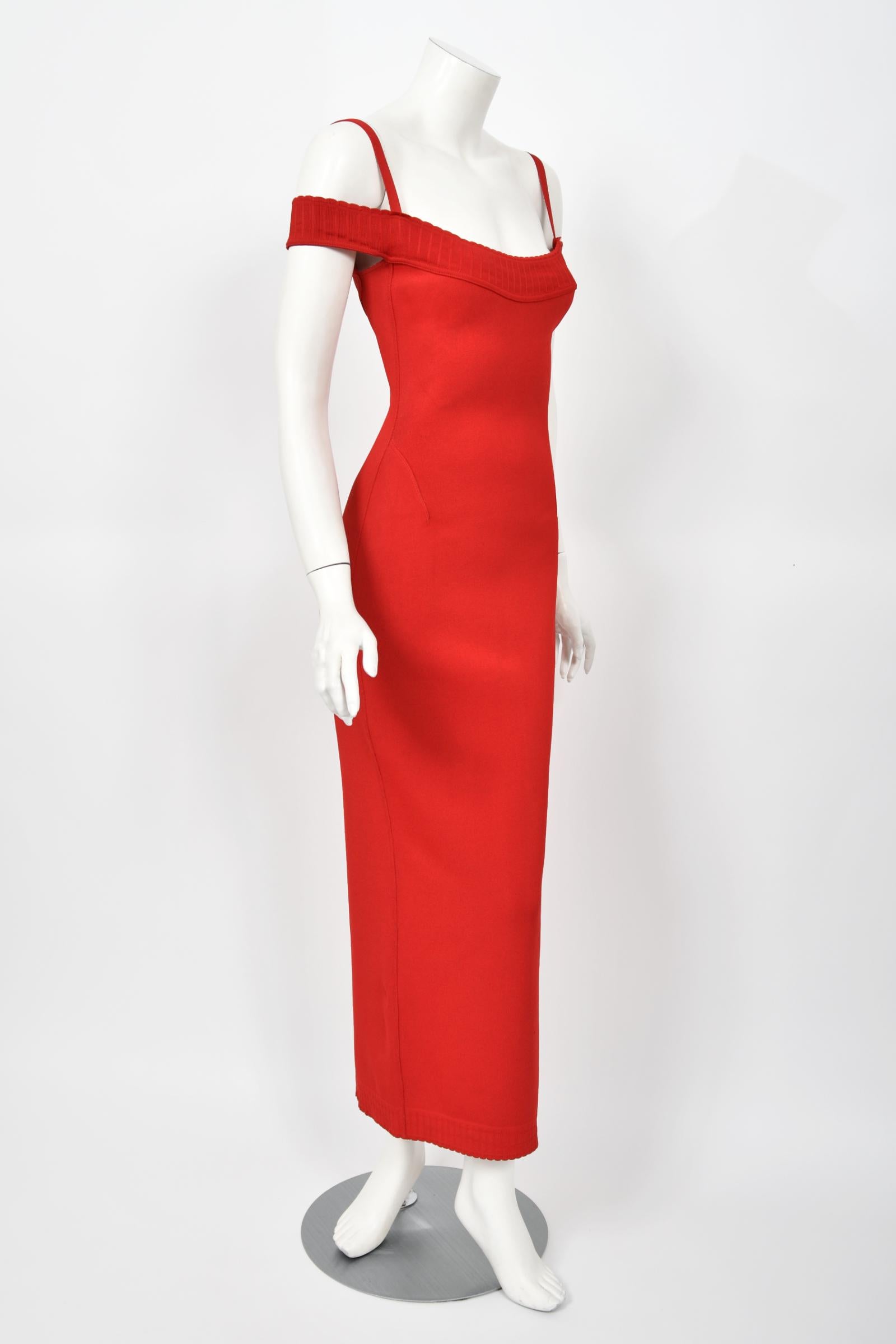 1992 Azzedine Alaia Red Stretch Knit Cold-Shoulder Bodycon Hourglass Maxi Dress 1