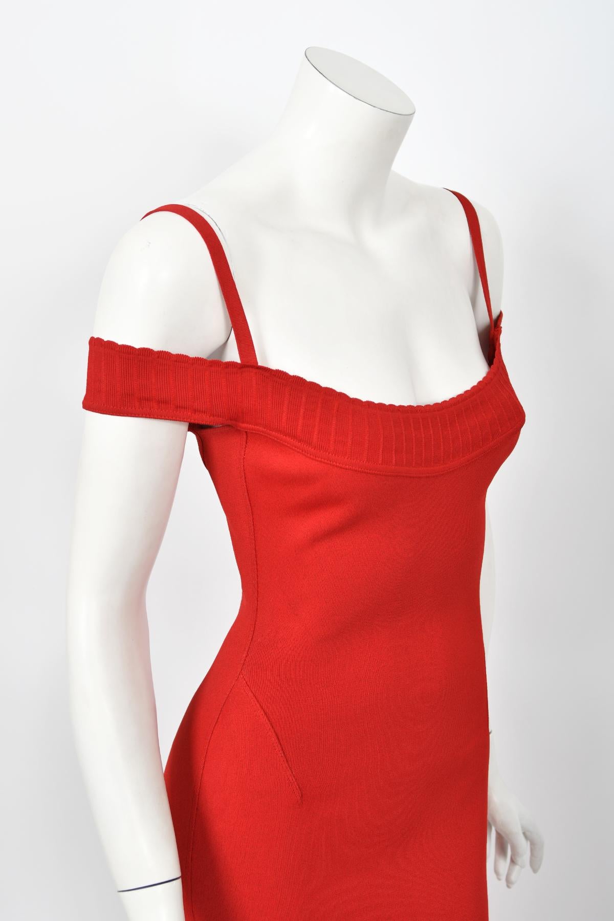 1992 Azzedine Alaia Red Stretch Knit Cold-Shoulder Bodycon Hourglass Maxi Dress 2