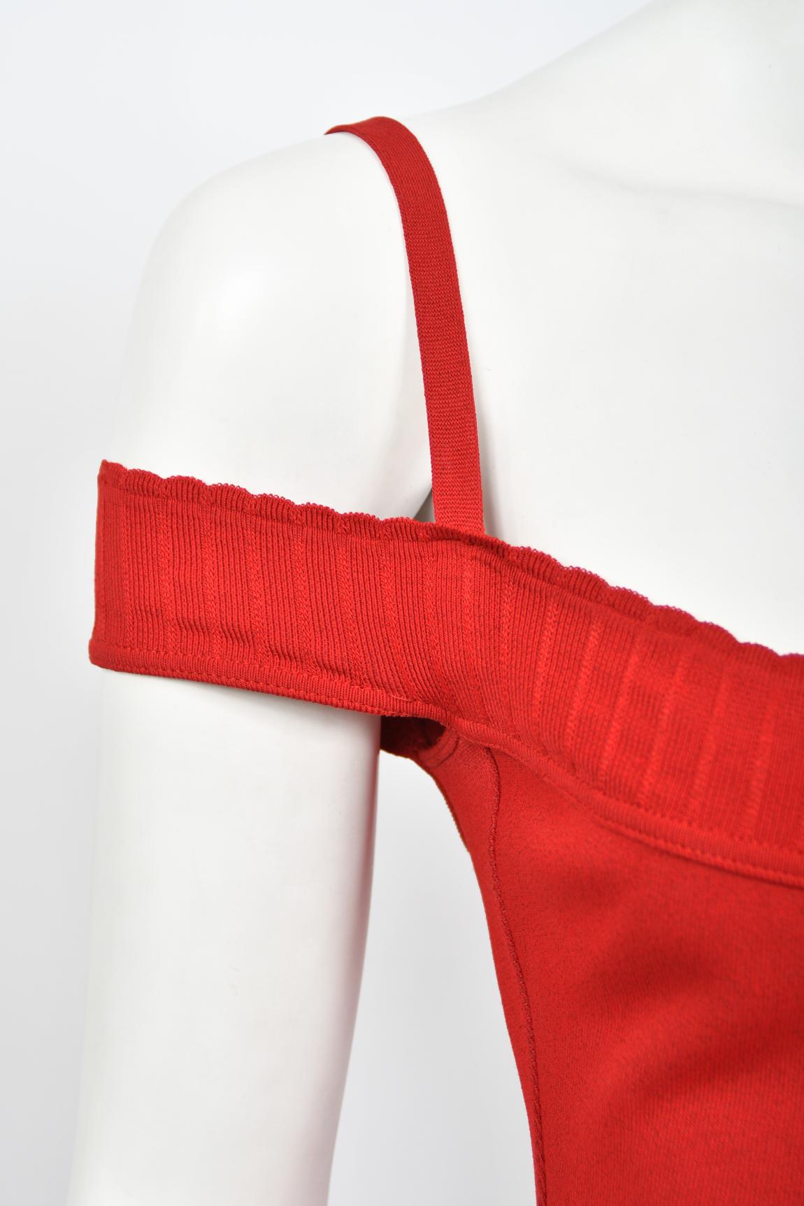 1992 Azzedine Alaia Red Stretch Knit Cold-Shoulder Bodycon Hourglass Maxi Dress 3