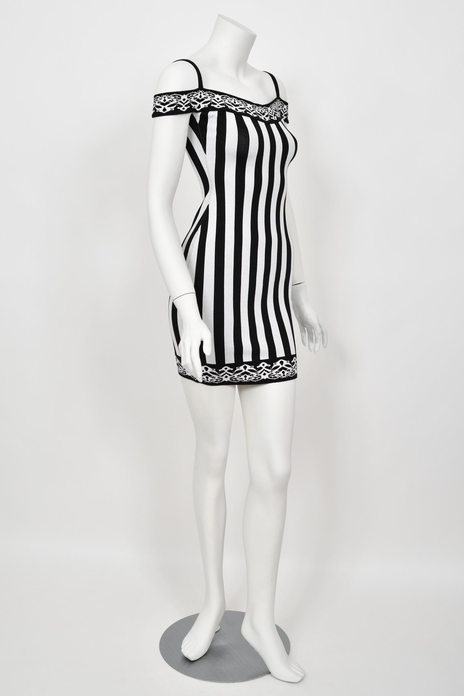 1992 Azzedine Alaia Runway Striped Stretch Knit Cold-Shoulder Bodycon Mini Dress 5