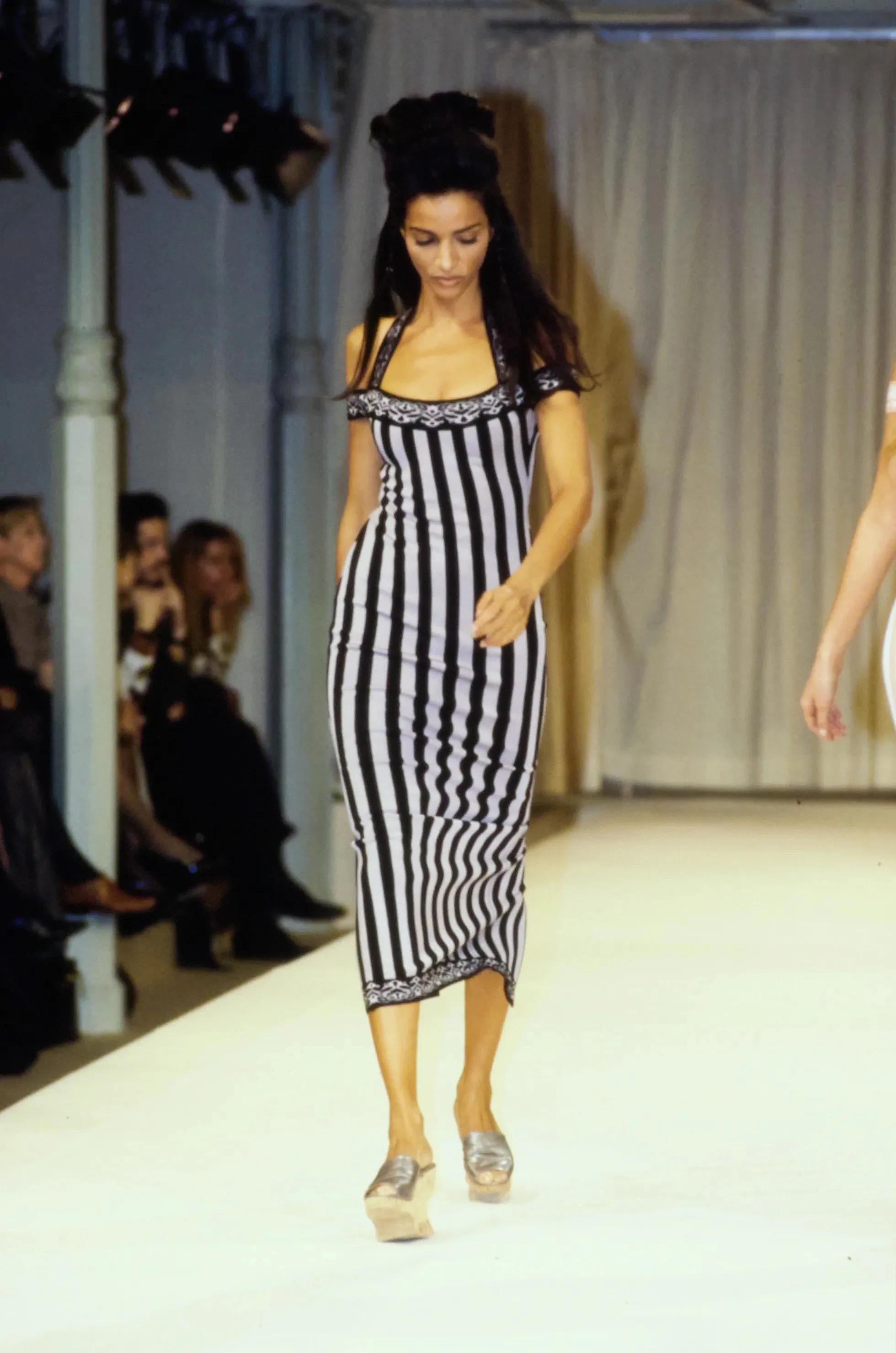 1992 Azzedine Alaia Runway Striped Stretch Knit Cold-Shoulder Bodycon Mini Dress 8