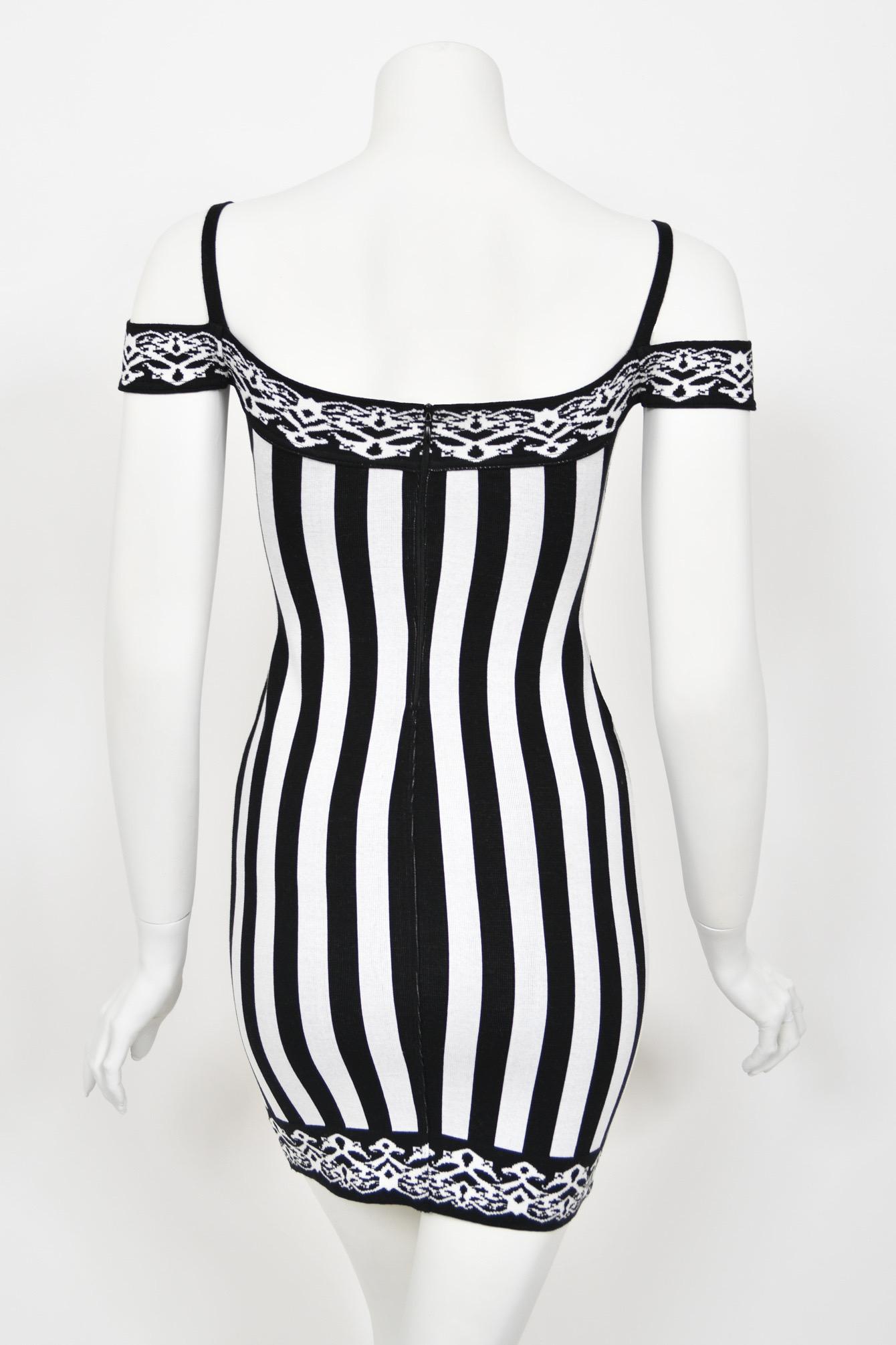 1992 Azzedine Alaia Runway Striped Stretch Knit Cold-Shoulder Bodycon Mini Dress 10