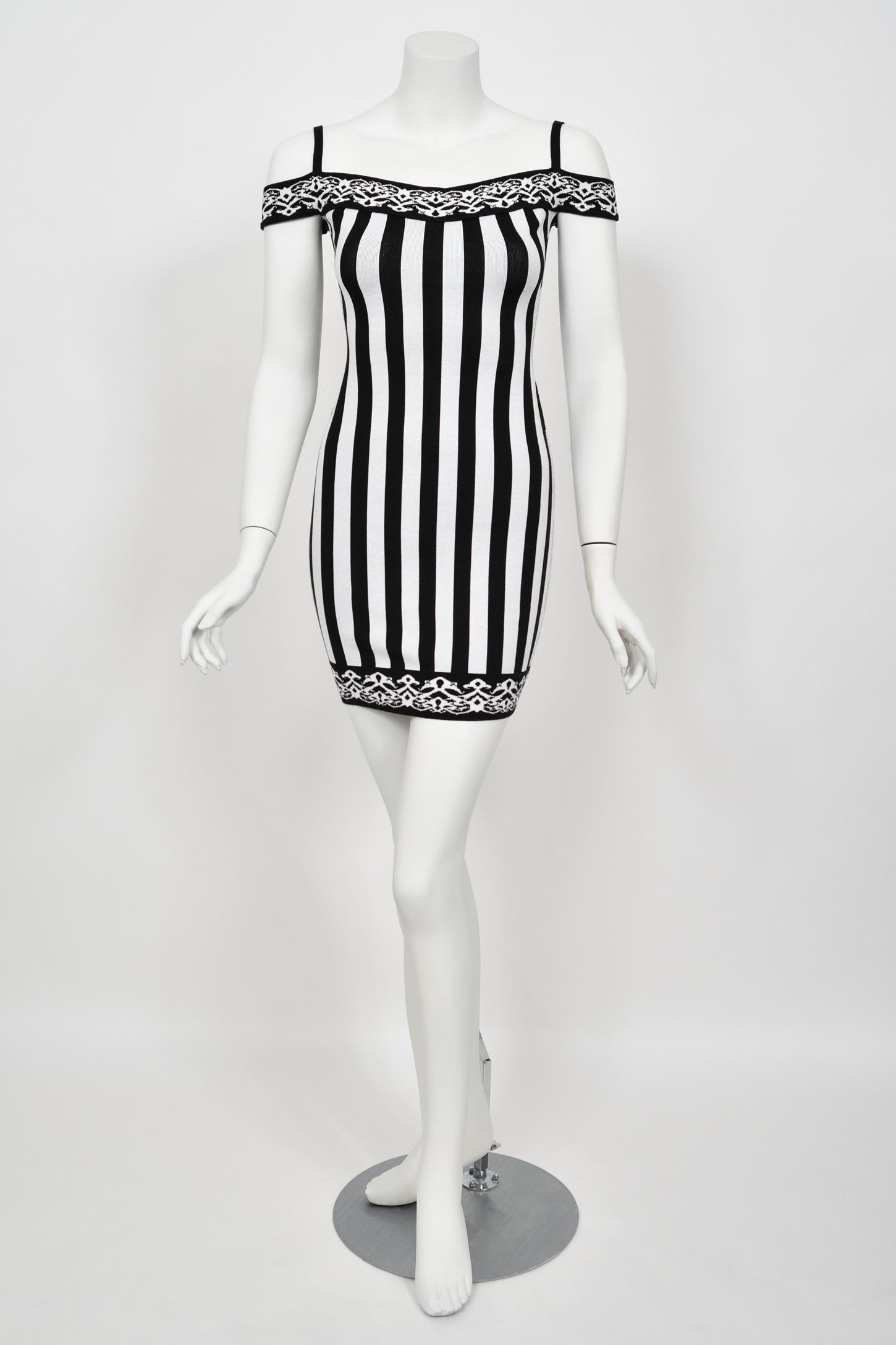 1992 Azzedine Alaia Runway Striped Stretch Knit Cold-Shoulder Bodycon Mini Dress 2