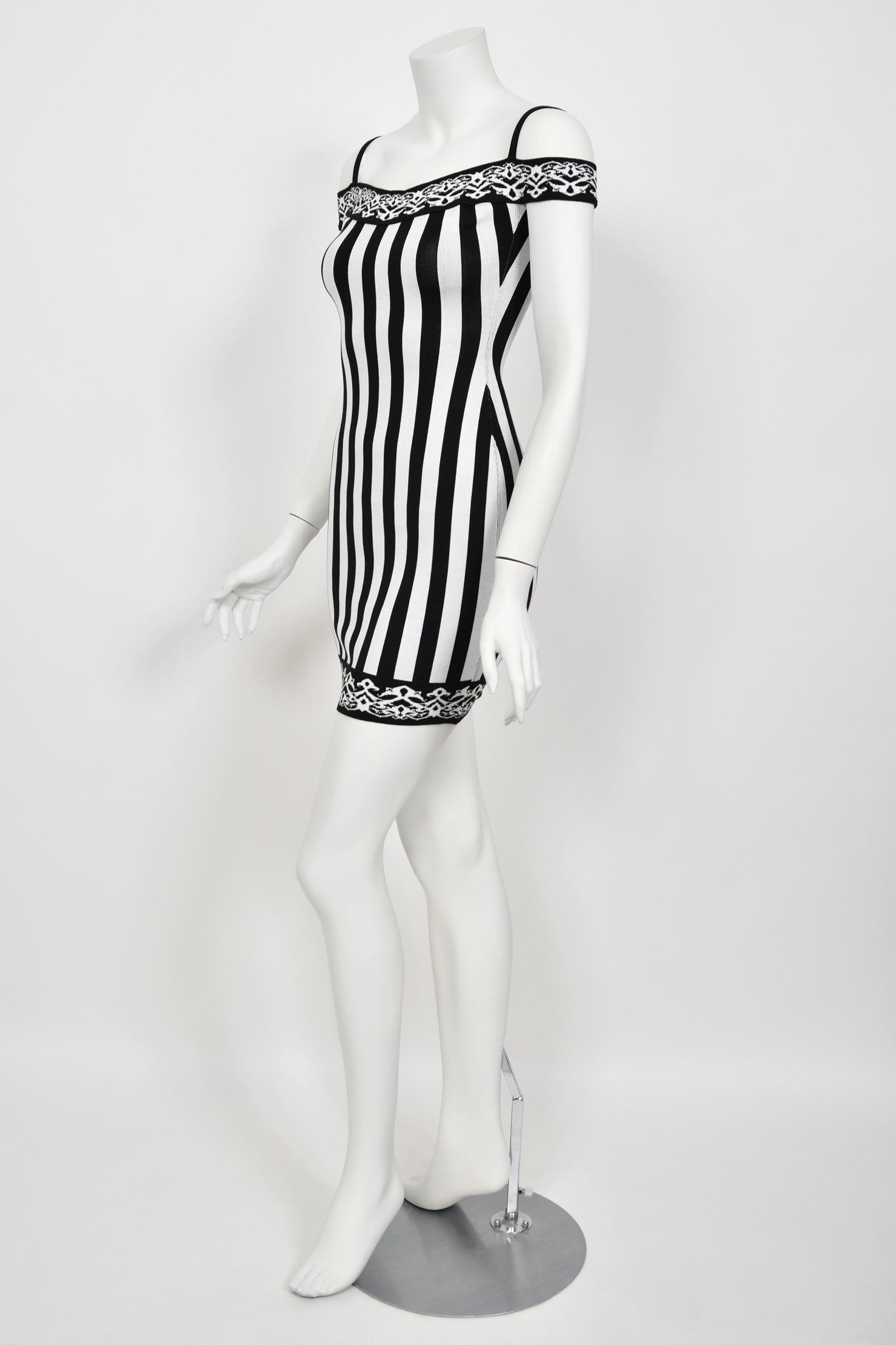 1992 Azzedine Alaia Runway Striped Stretch Knit Cold-Shoulder Bodycon Mini Dress 3