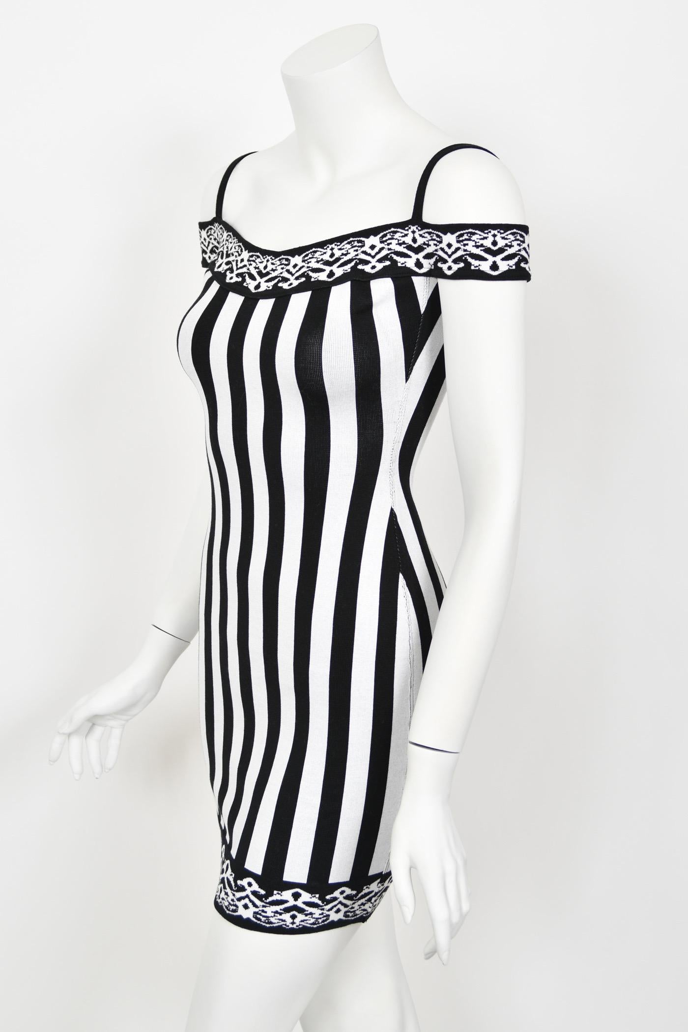 1992 Azzedine Alaia Runway Striped Stretch Knit Cold-Shoulder Bodycon Mini Dress 4