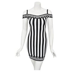 1992 Azzedine Alaia Runway Striped Stretch Knit Cold-Shoulder Bodycon Mini Dress