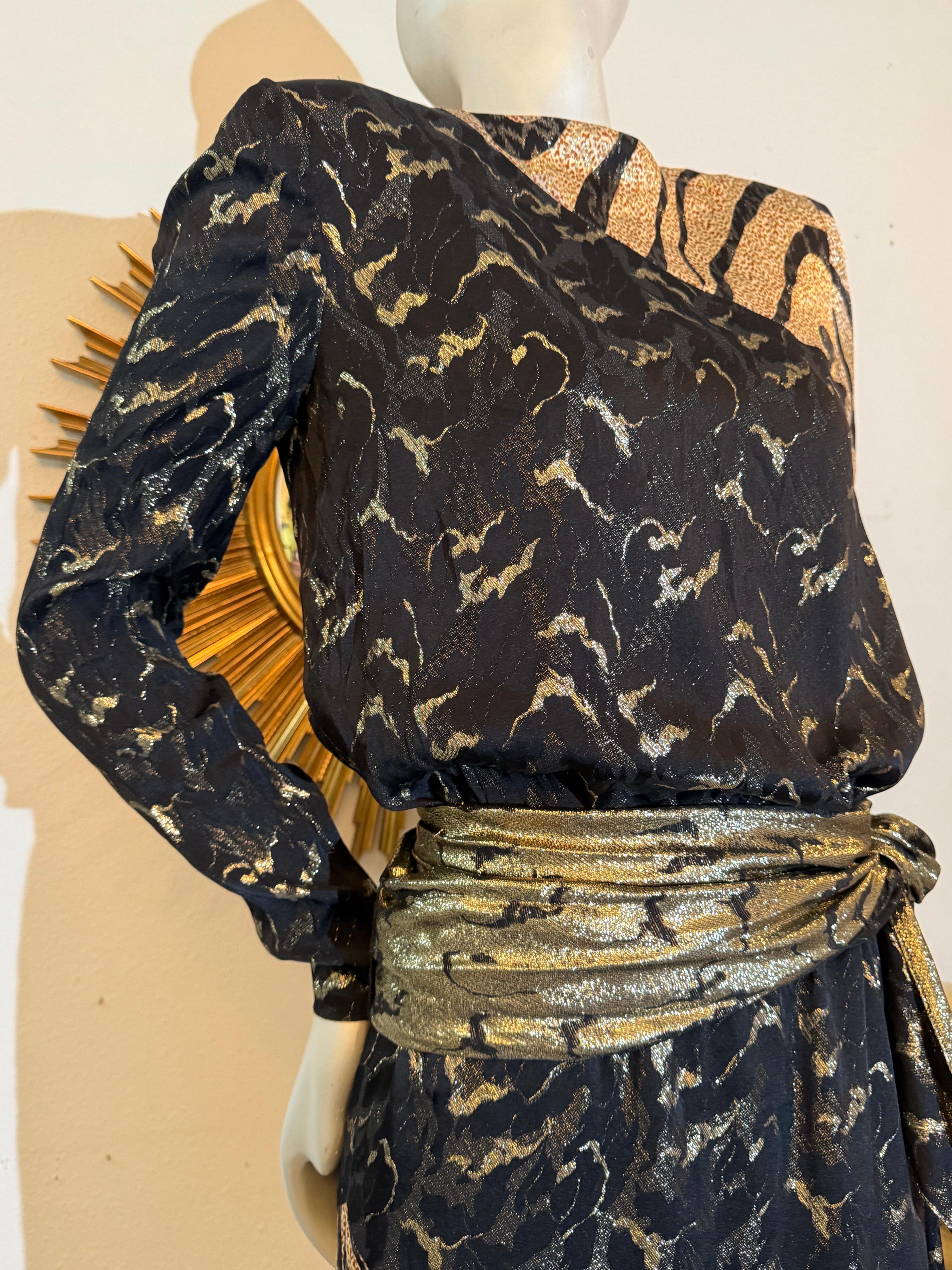 1992 - Bill Blass - Robe de cocktail en soie et lurex à motif animalier avec ceinture en vente 8