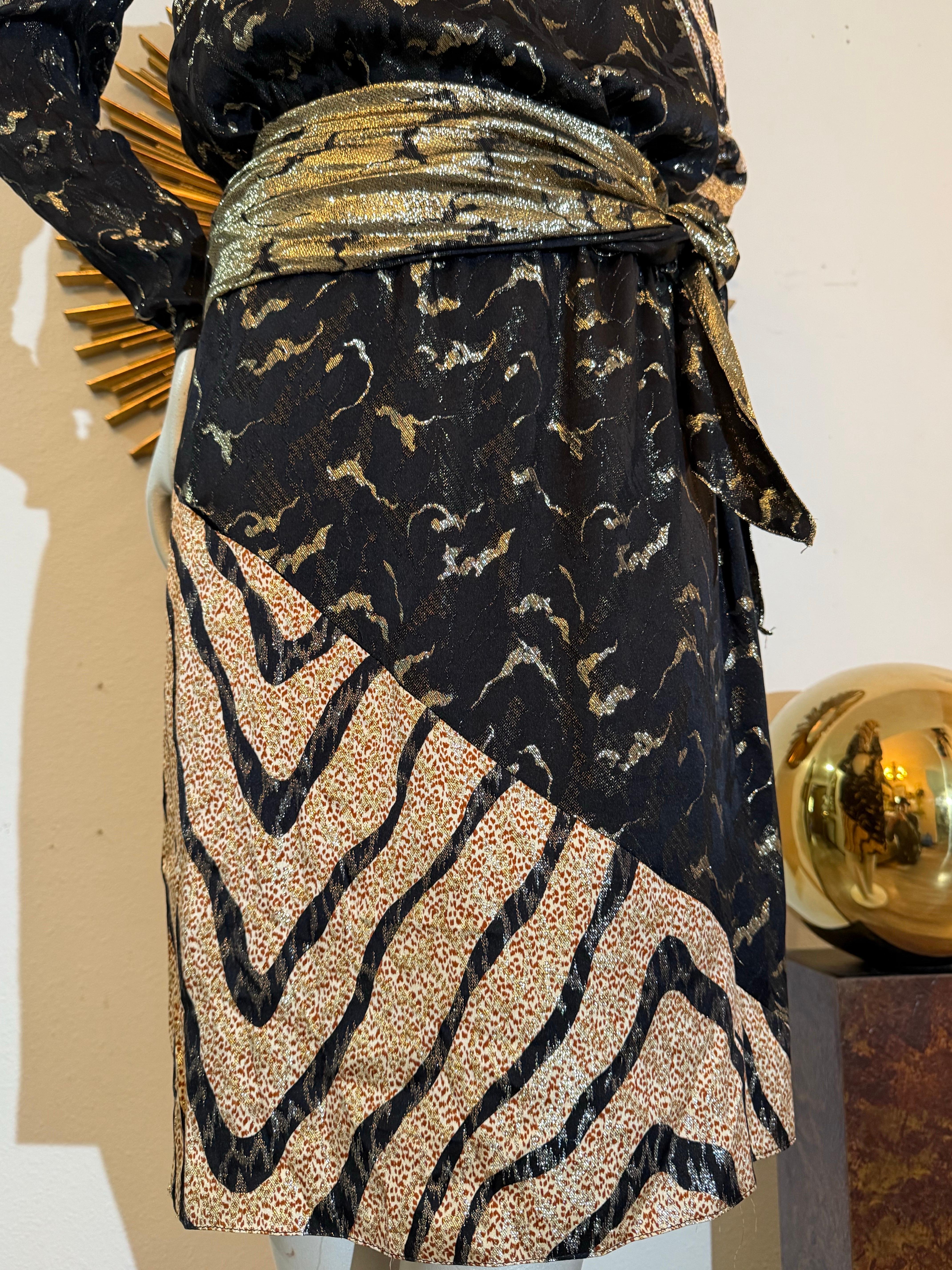 1992 - Bill Blass - Robe de cocktail en soie et lurex à motif animalier avec ceinture en vente 10