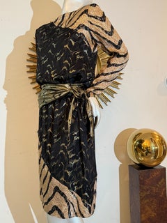1992 Bill Blass Silk & Lurex Blocked Animal-Pattern Lame Cocktail Dress w Sash