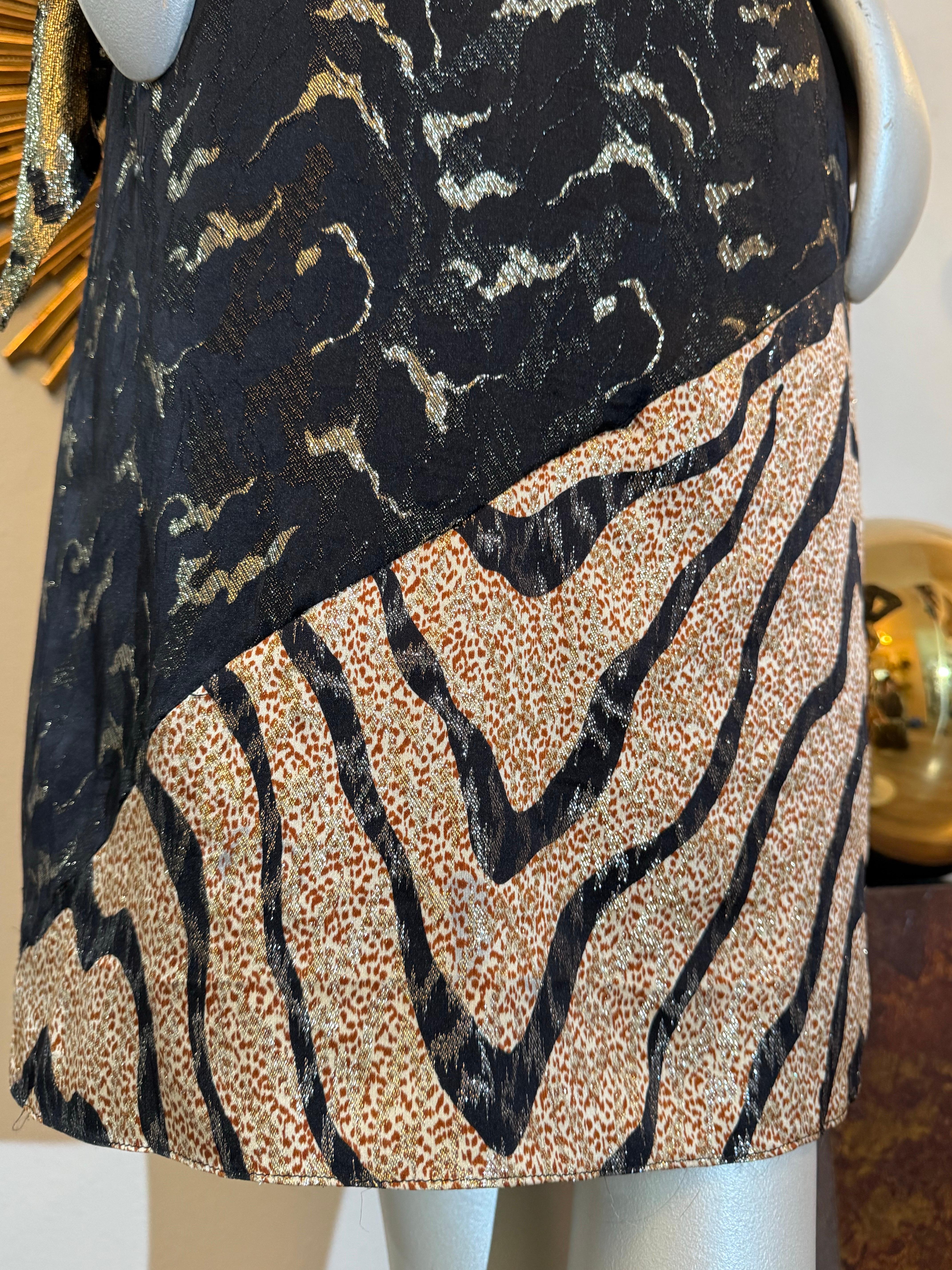 1992 - Bill Blass - Robe de cocktail en soie et lurex à motif animalier avec ceinture en vente 2