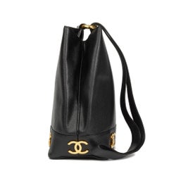 1992 Chanel Black Caviar Leather Vintage Logo Trim Bucket Bag