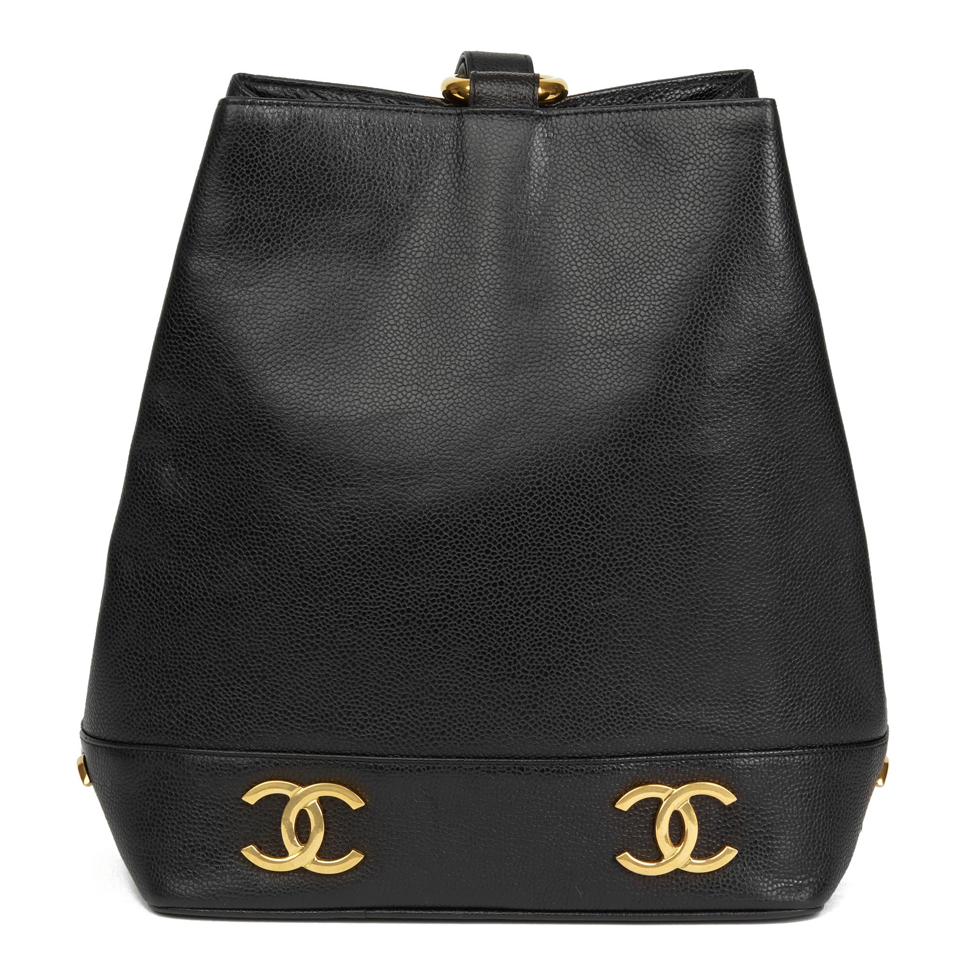 Women's 1992 Chanel Black Caviar Leather Vintage Logo Trim Bucket Bag