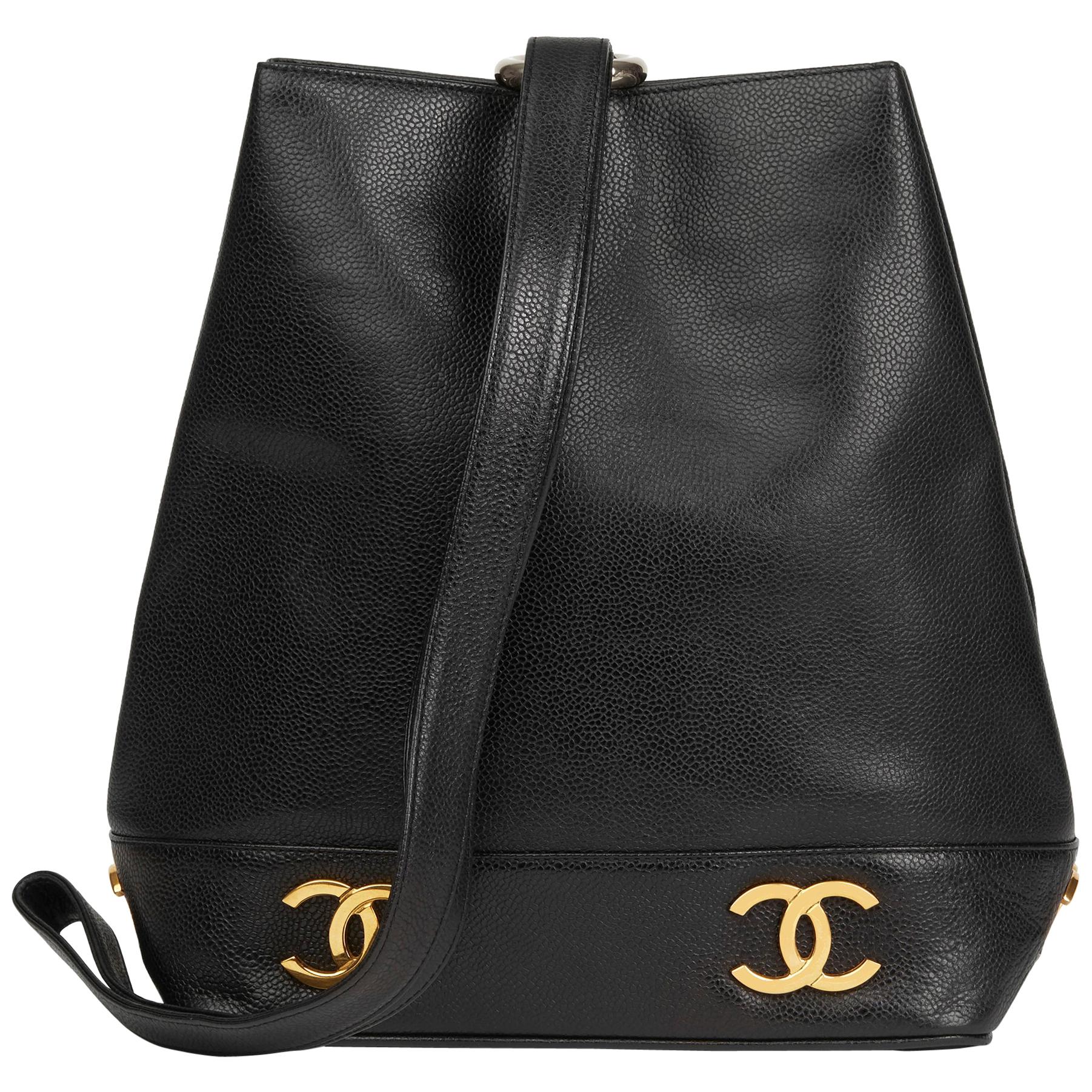1992 Chanel Black Caviar Leather Vintage Logo Trim Bucket Bag