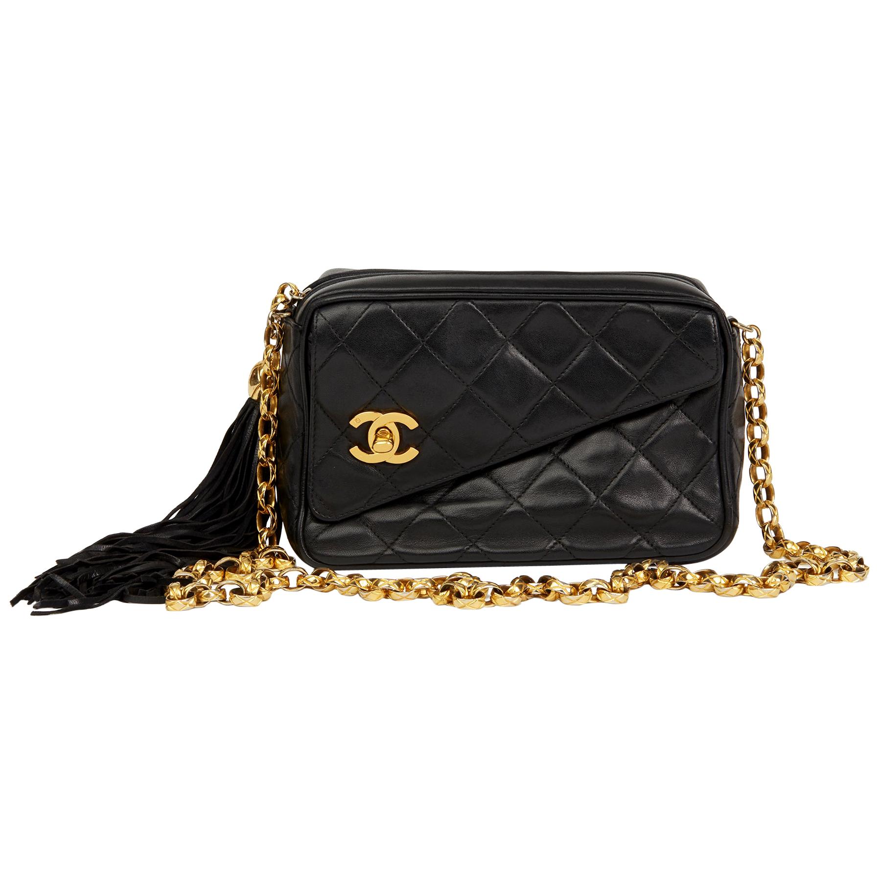 1992 Chanel Black Quilted Lambskin Vintage Classic Fringe Shoulder Bag