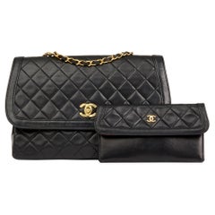 1992 Chanel Black Quilted Lambskin Vintage Classic Single Flap Bag with Wallet