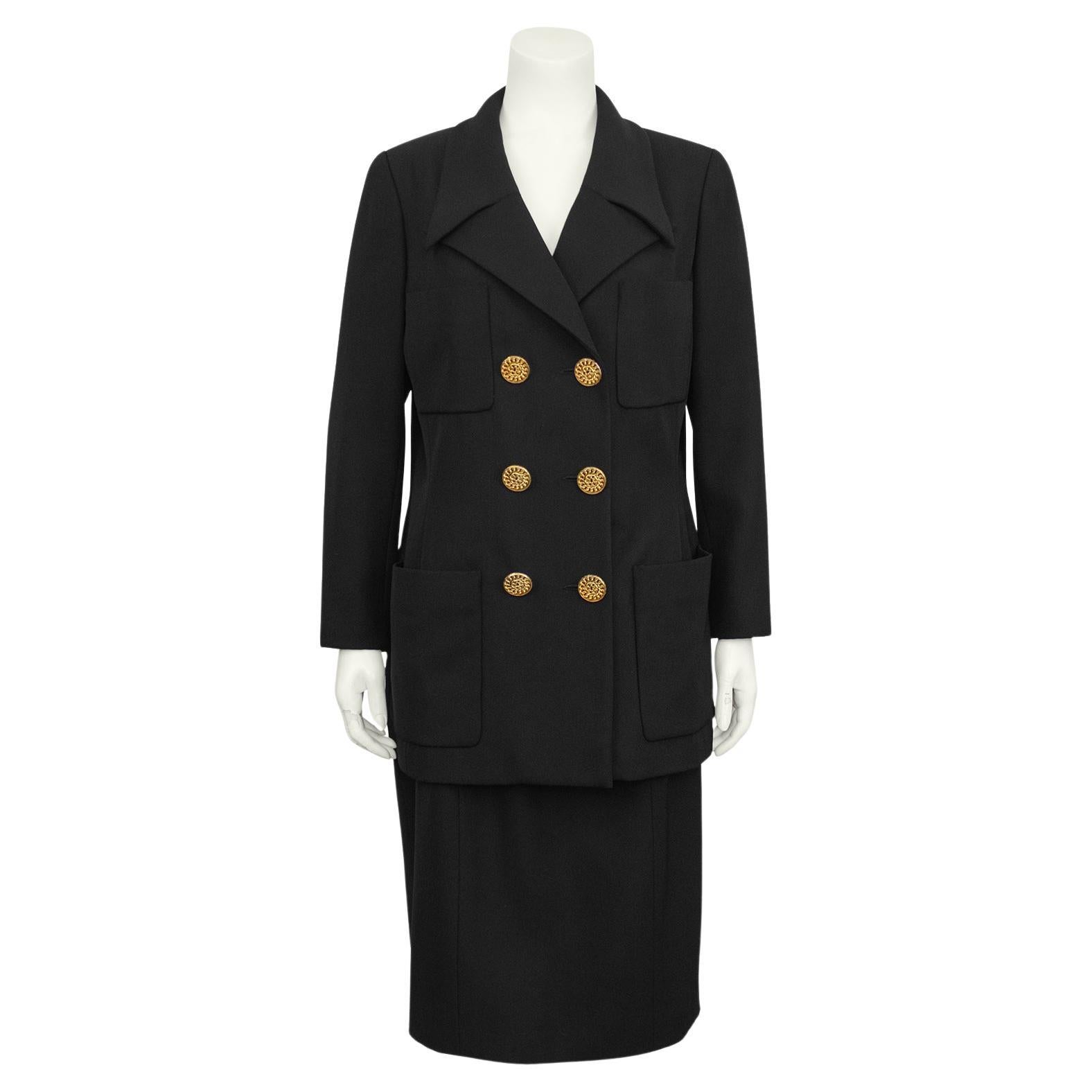 1992 Chanel Collection 29 Black Double Breasted Skirt Suit For Sale