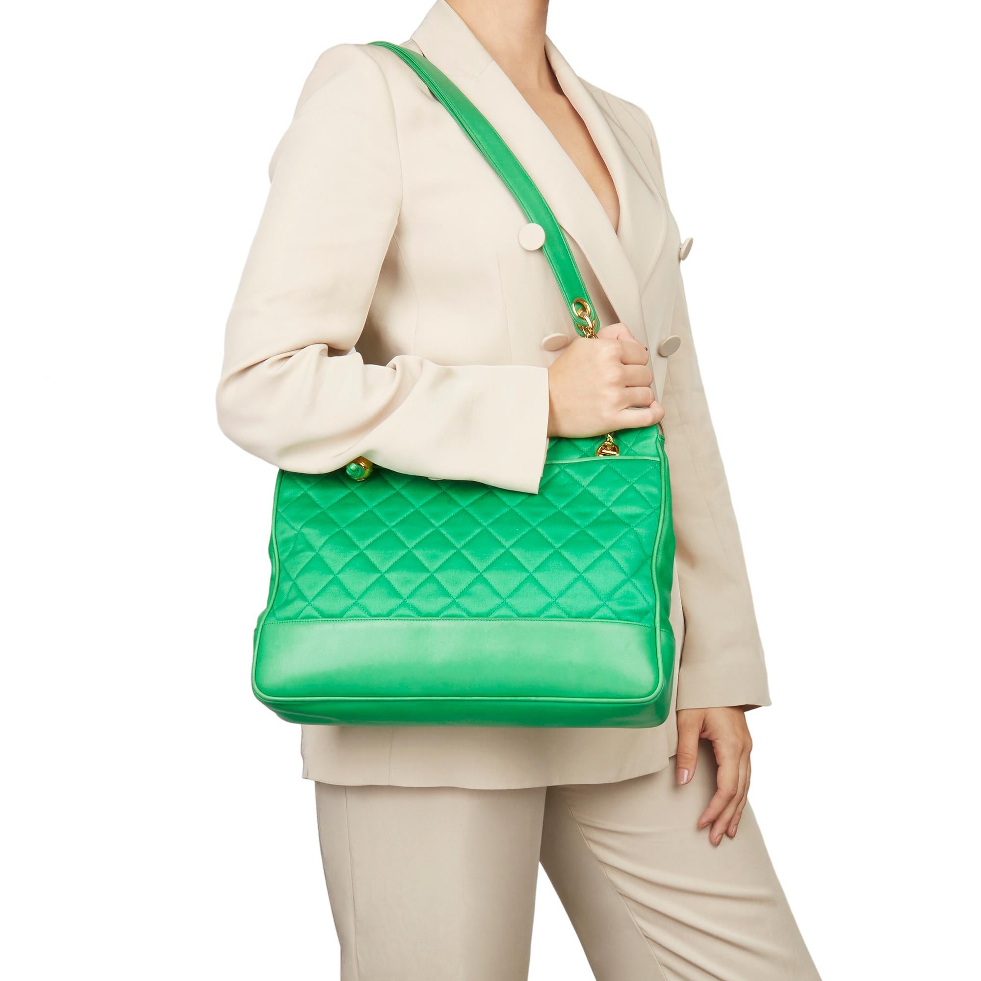 1992 Chanel Green Quilted Satin & Lambskin Vintage Timeless Shoulder Bag 9