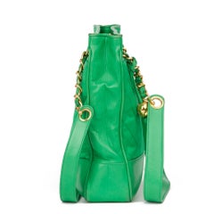 1992 Chanel Green Quilted Satin & Lambskin Vintage Timeless Shoulder Bag