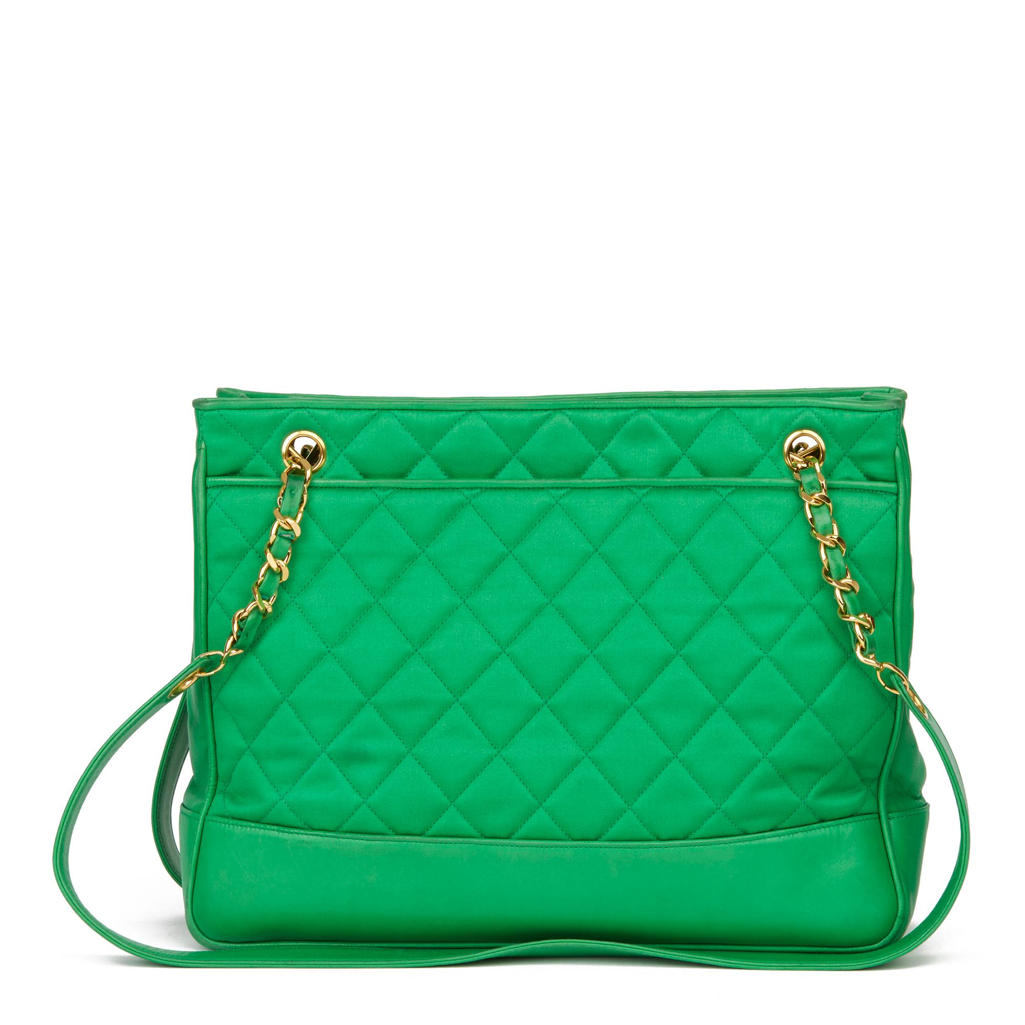 Women's 1992 Chanel Green Quilted Satin & Lambskin Vintage Timeless Shoulder Bag