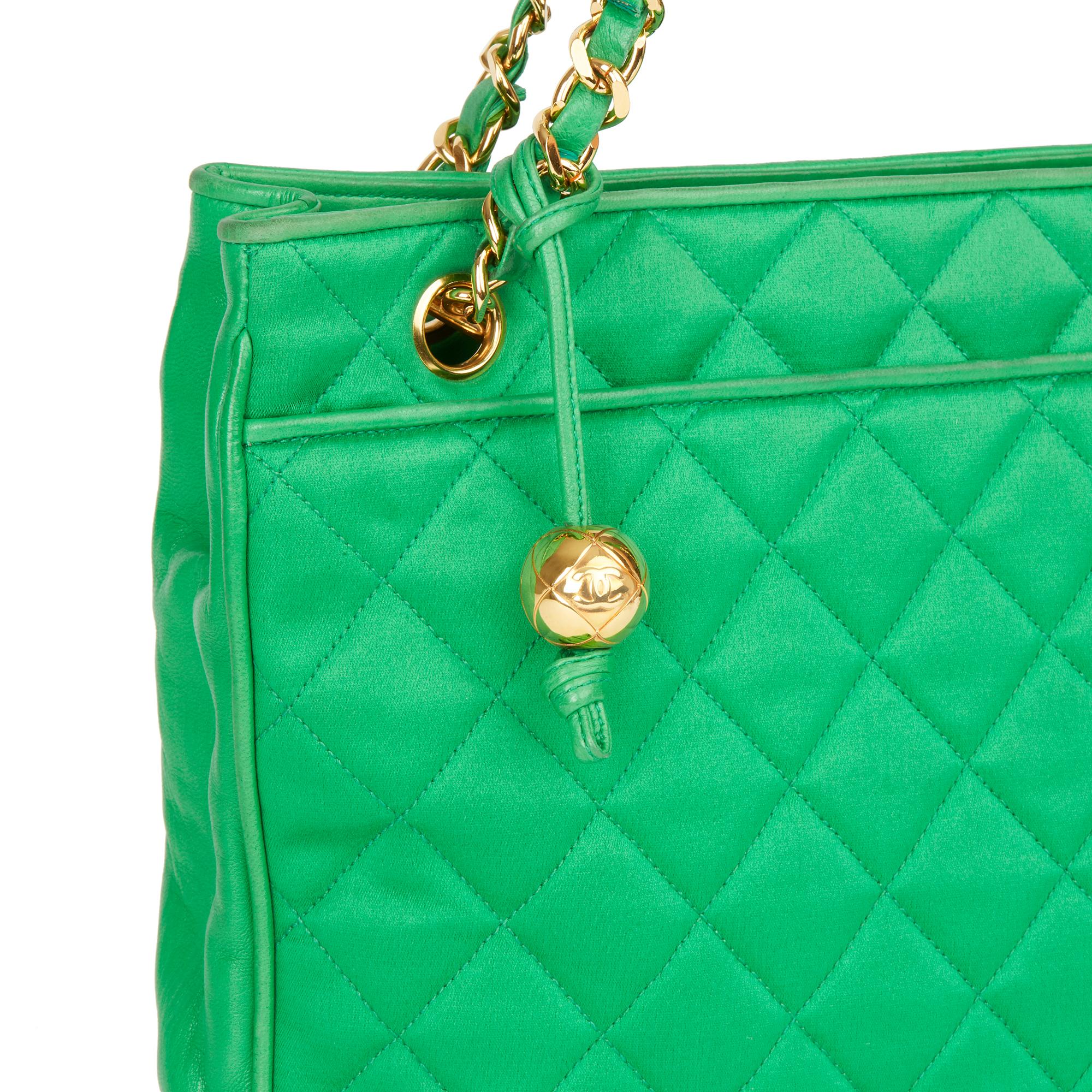 1992 Chanel Green Quilted Satin & Lambskin Vintage Timeless Shoulder Bag 3