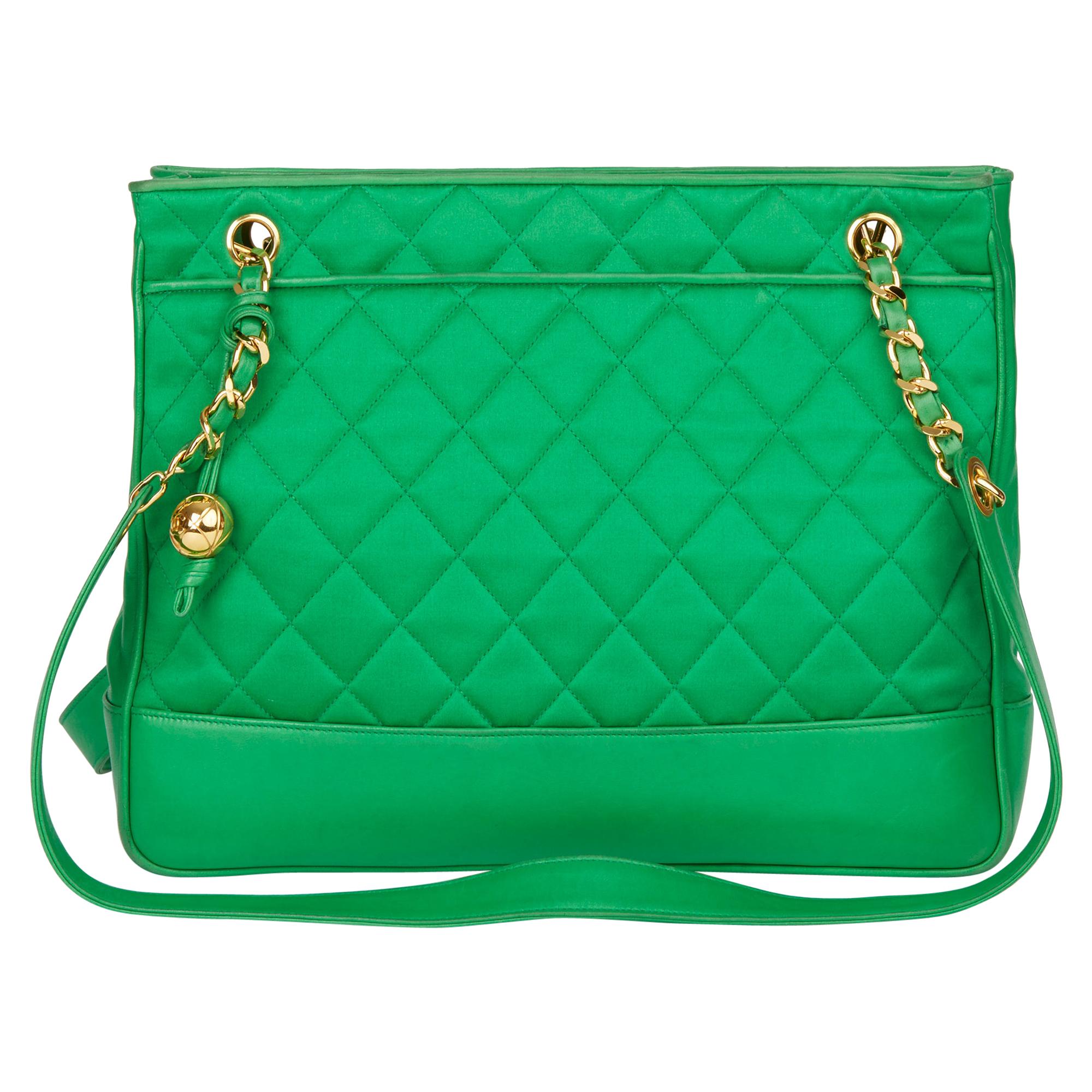 1992 Chanel Green Quilted Satin & Lambskin Vintage Timeless Shoulder Bag