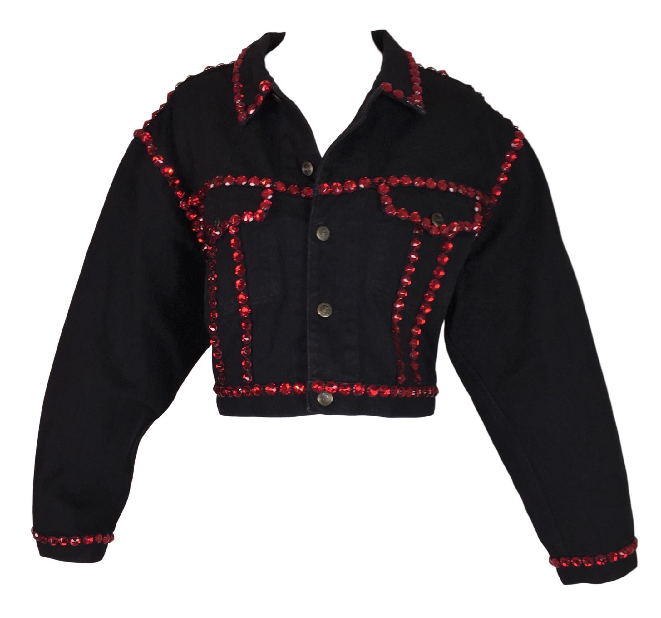 1992 Dolce & Gabbana Black Denim STAR Red Crystals Embellished Baggy Jacket Coat In Good Condition In Yukon, OK