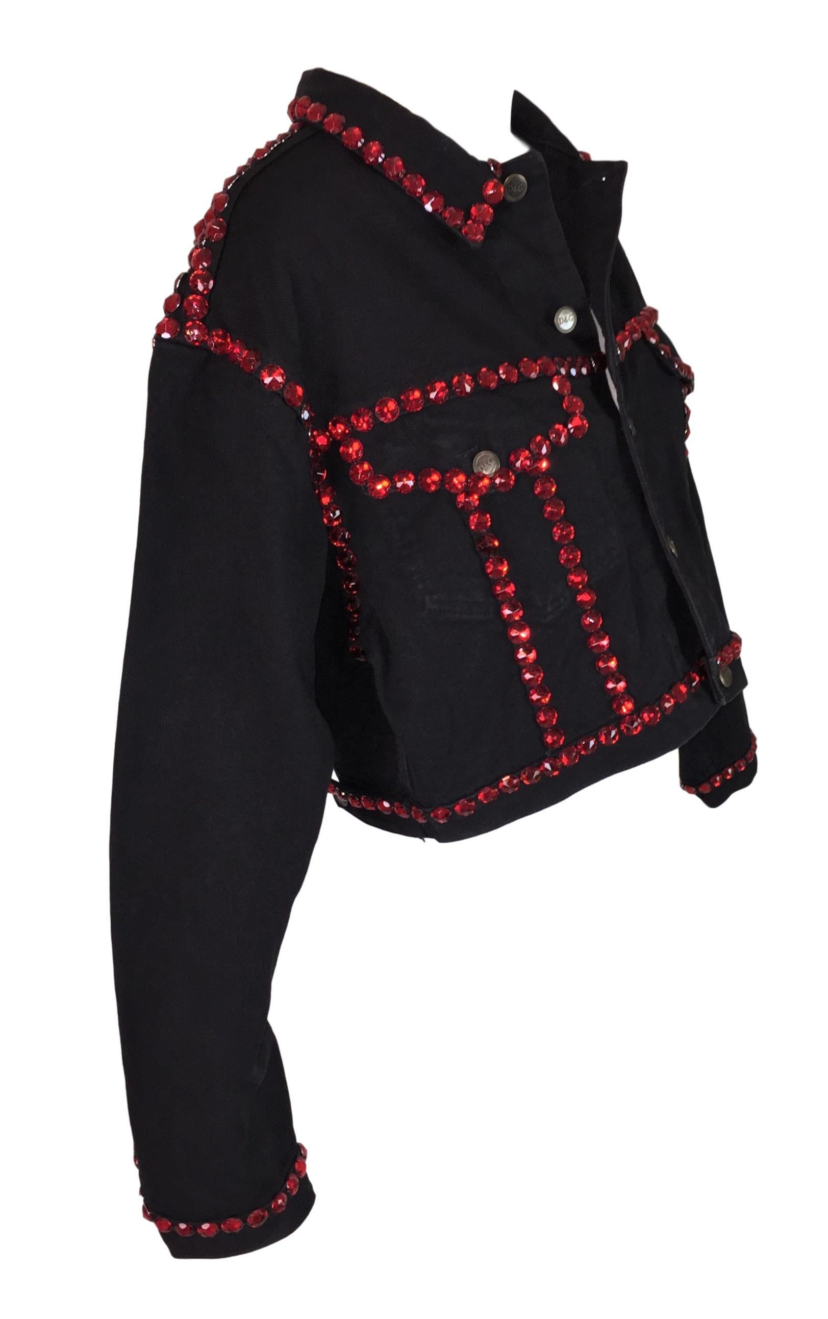 Women's 1992 Dolce & Gabbana Black Denim STAR Red Crystals Embellished Baggy Jacket Coat