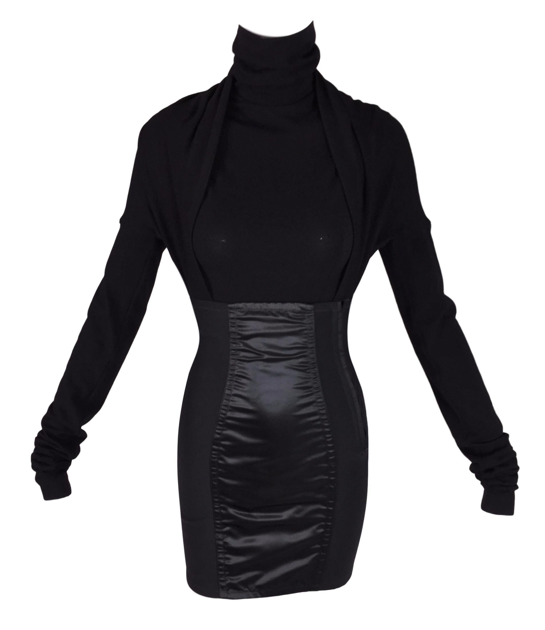 1992 Dolce & Gabbana S/S Pin-Up Schwarzes tief ausgeschnittenes Bandage-Minikleid mit offener Brust Damen