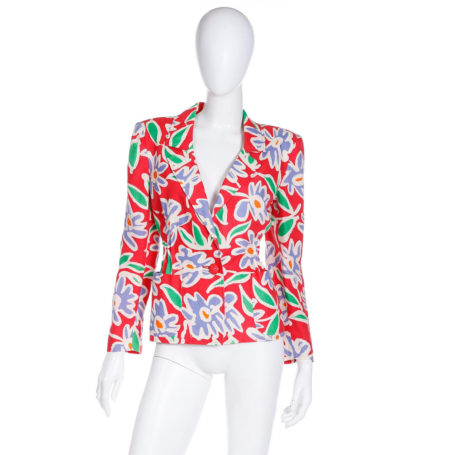 Gray 1992 Emanuel Ungaro Parallele Red Blue & Green Floral Linen Blazer Jacket For Sale