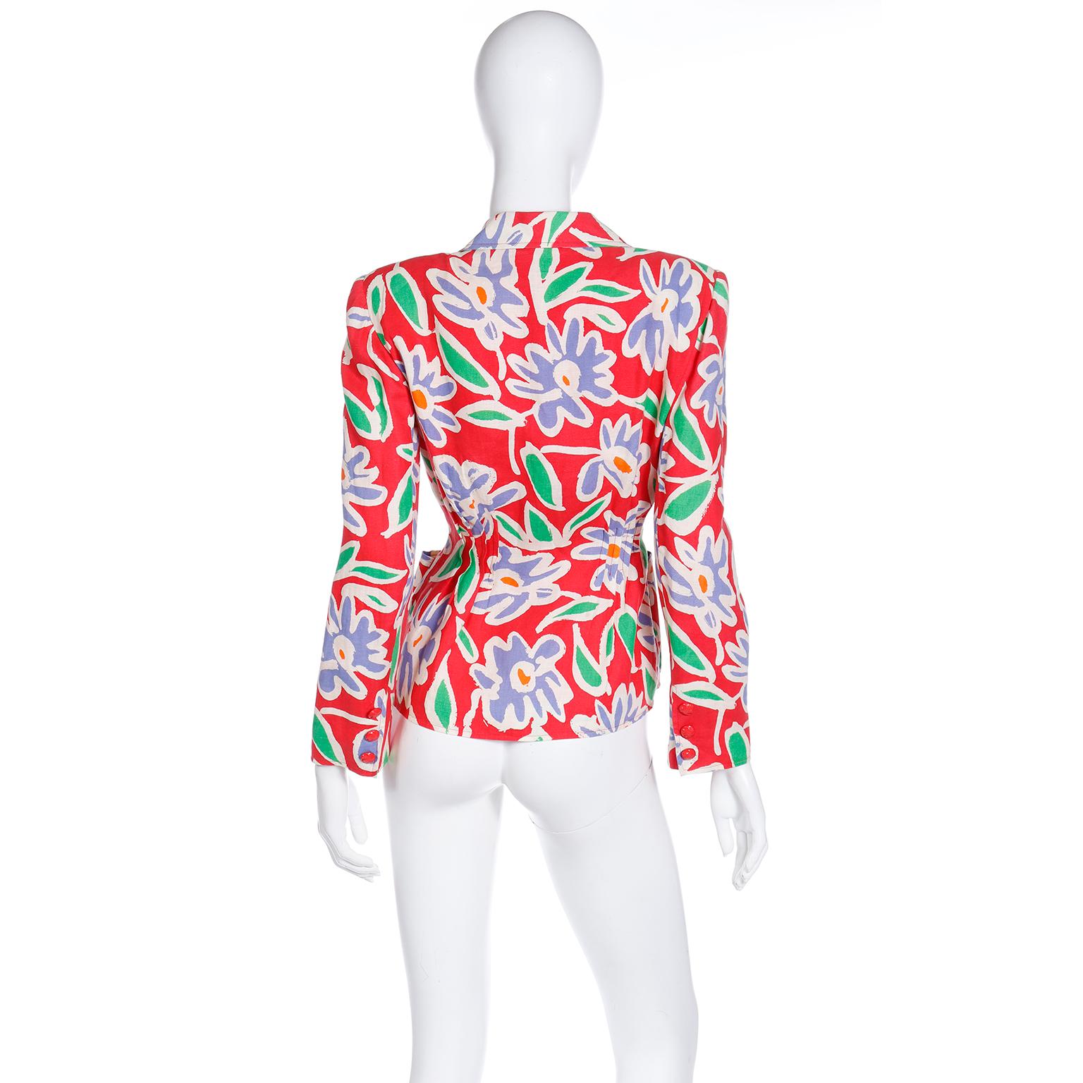 1992 Emanuel Ungaro Parallele Red Blue & Green Floral Linen Blazer Jacket For Sale 2