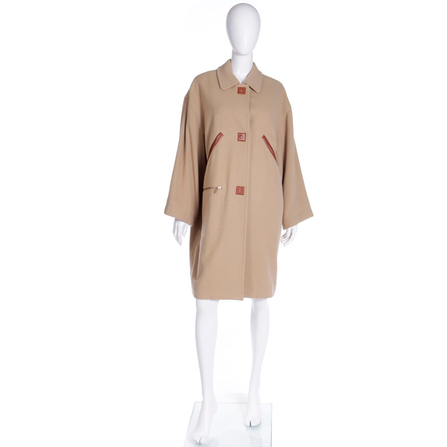 Brown 1992 F/W Isaac Mizrahi Cashmere Wool Coat with Leather Carrying Handle & Trim For Sale