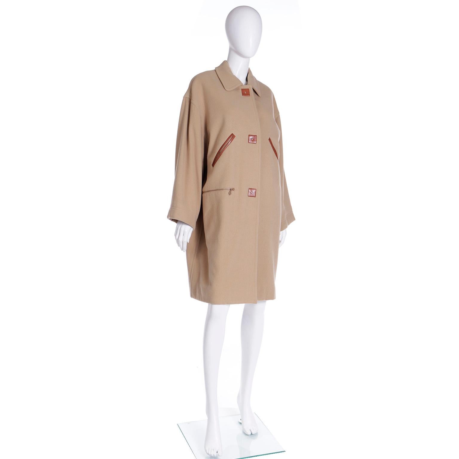 Women's 1992 F/W Isaac Mizrahi Cashmere Wool Coat with Leather Carrying Handle & Trim For Sale
