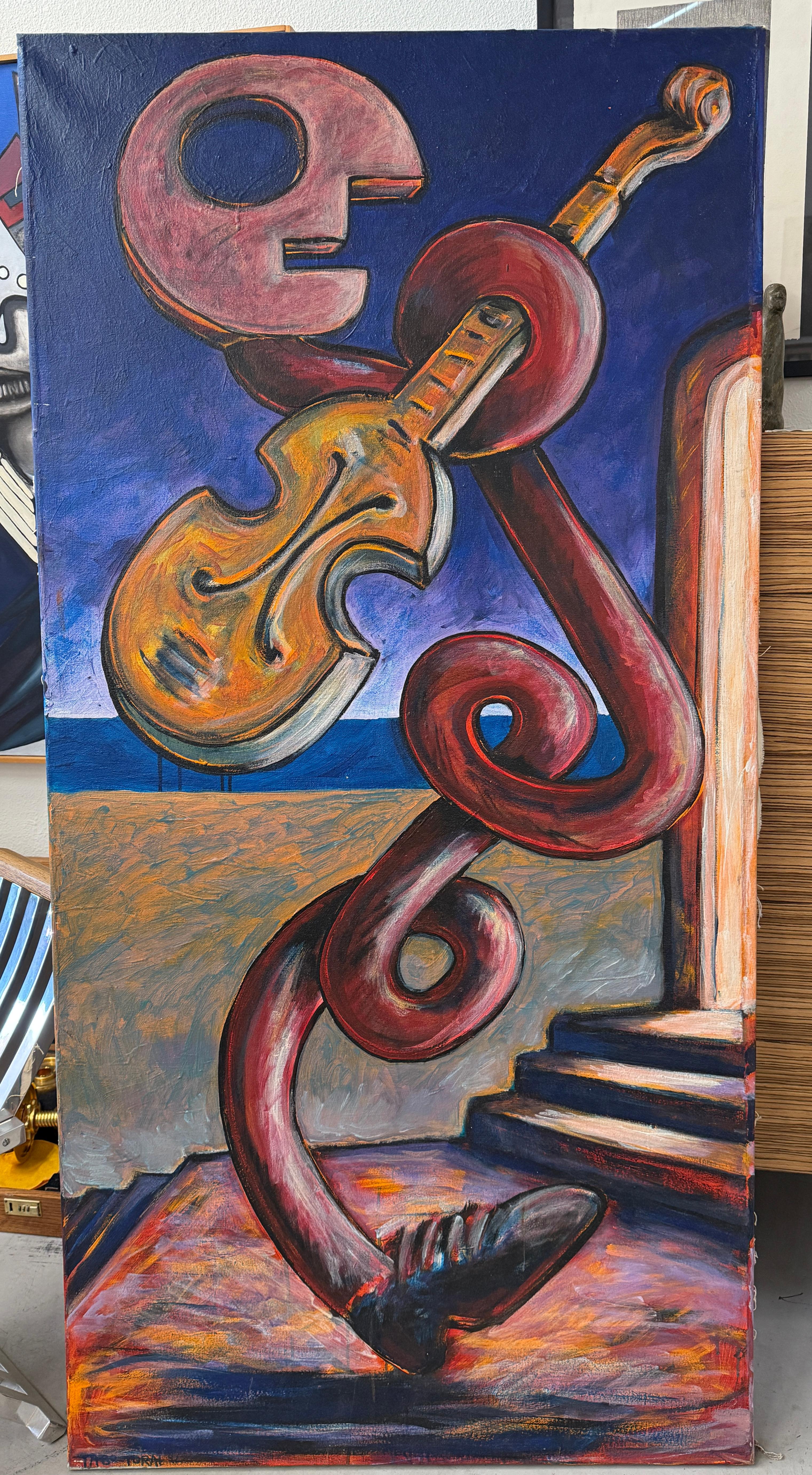 Un sorprendente abstracto figurativo del célebre artista panameño Tabo Toral (1950-2023). La obra representa a un músico tocando un violín.. Dimensiones aproximadas de 34x69 pulgadas.  Está firmado y fechado el 92 abajo a la derecha. Sin enmarcar.