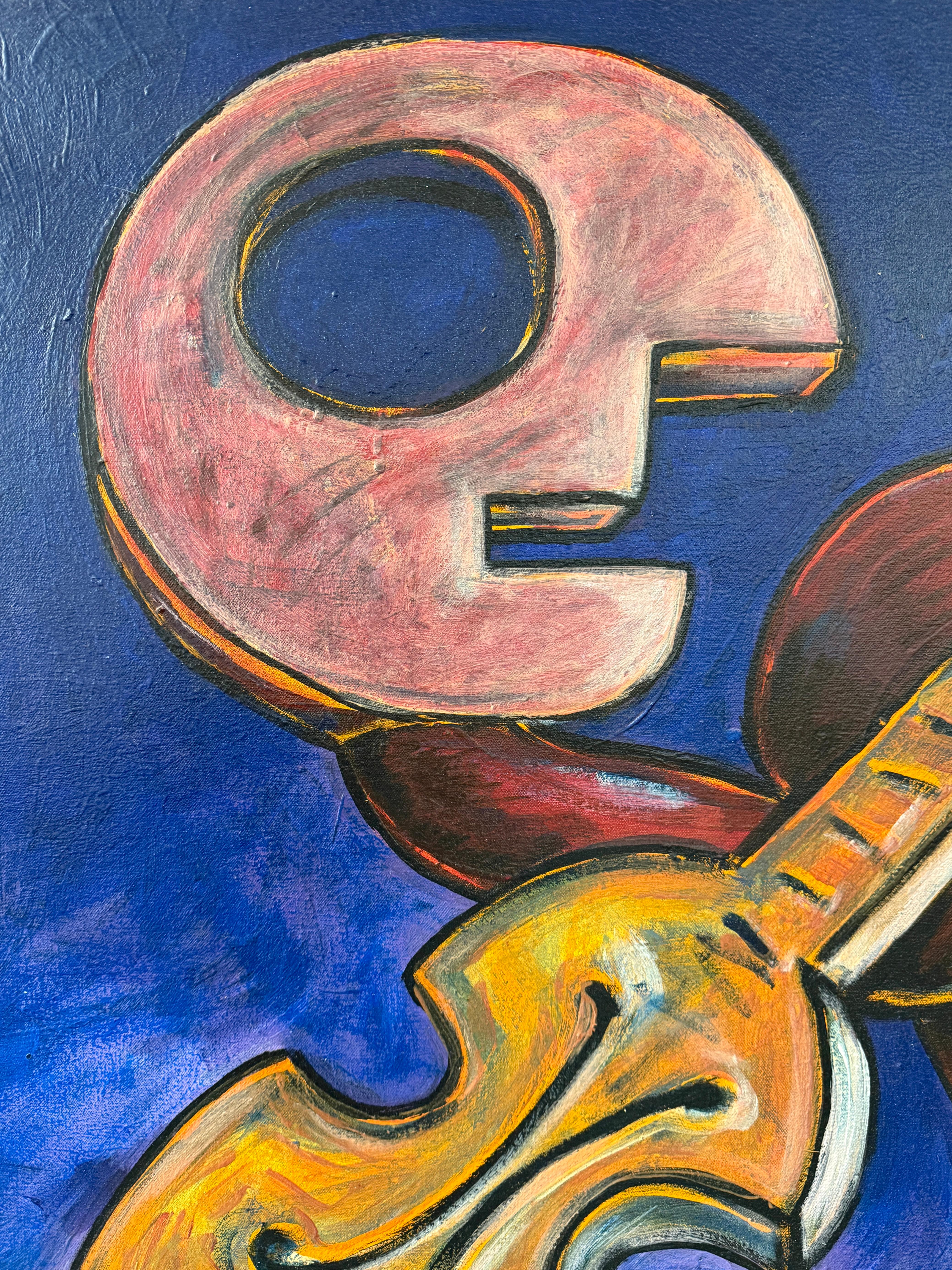 1992 Violinista Figural Abstracto del Destacado Artista Panameño Taro Tobal Pintado a mano en venta