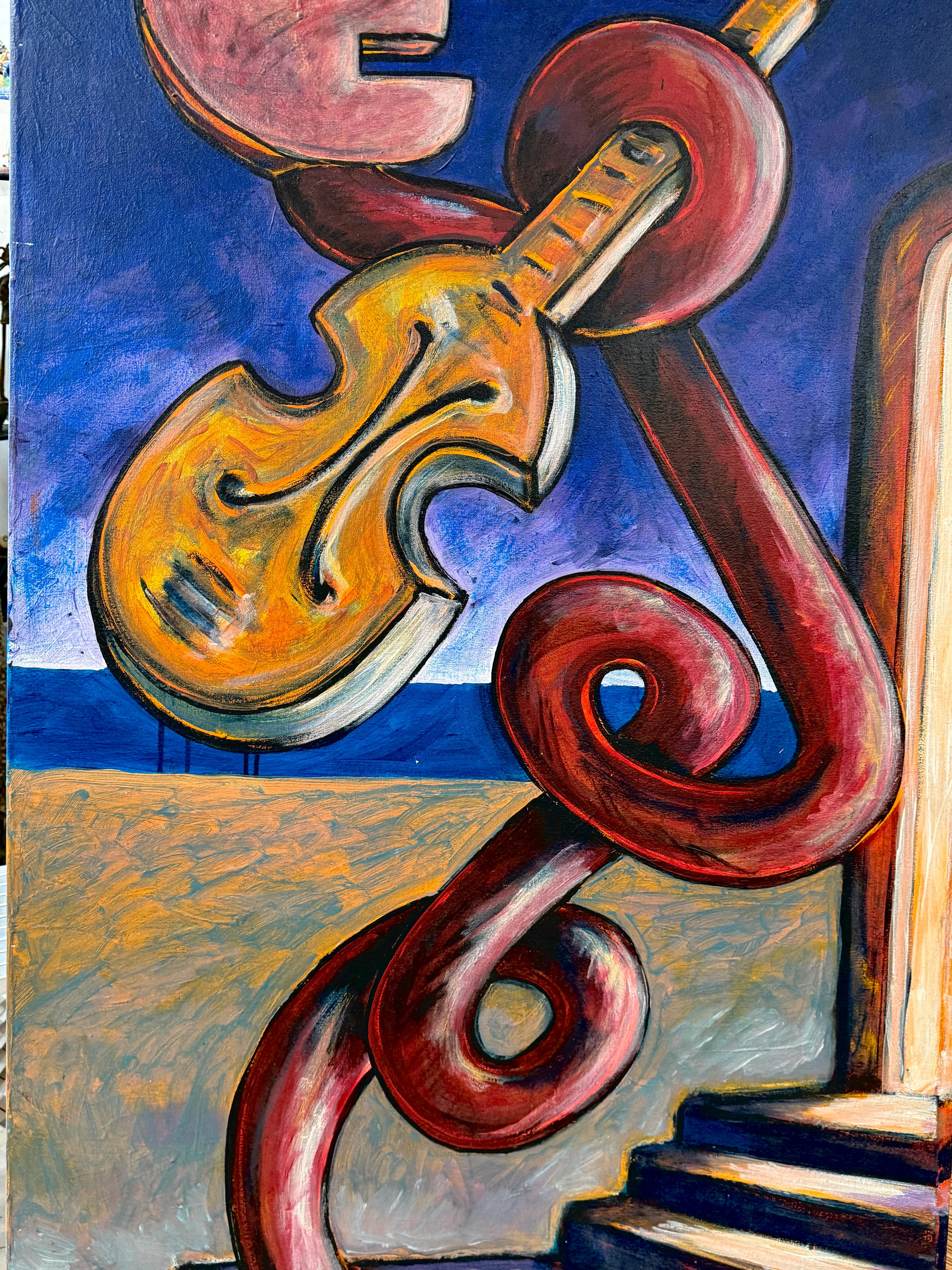1992 Violinista Figural Abstracto del Destacado Artista Panameño Taro Tobal Lienzo en venta