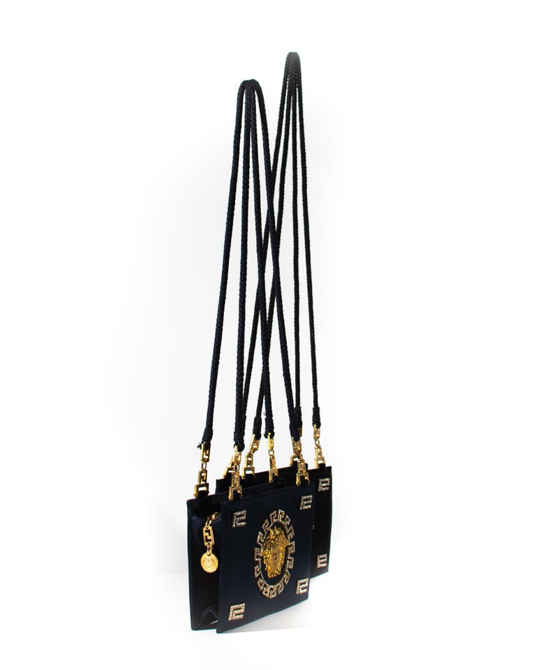 F/W 1992 Gianni Versace Couture Black Satin Gold and Rhinestone Medusa Bag