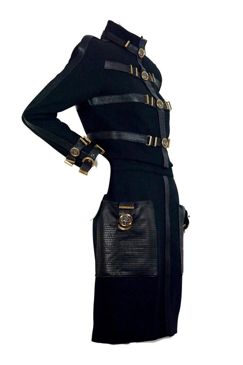 Black 1992 GIANNI VERSACE COUTURE Iconic Leather Bondage Jacket Skirt Suit