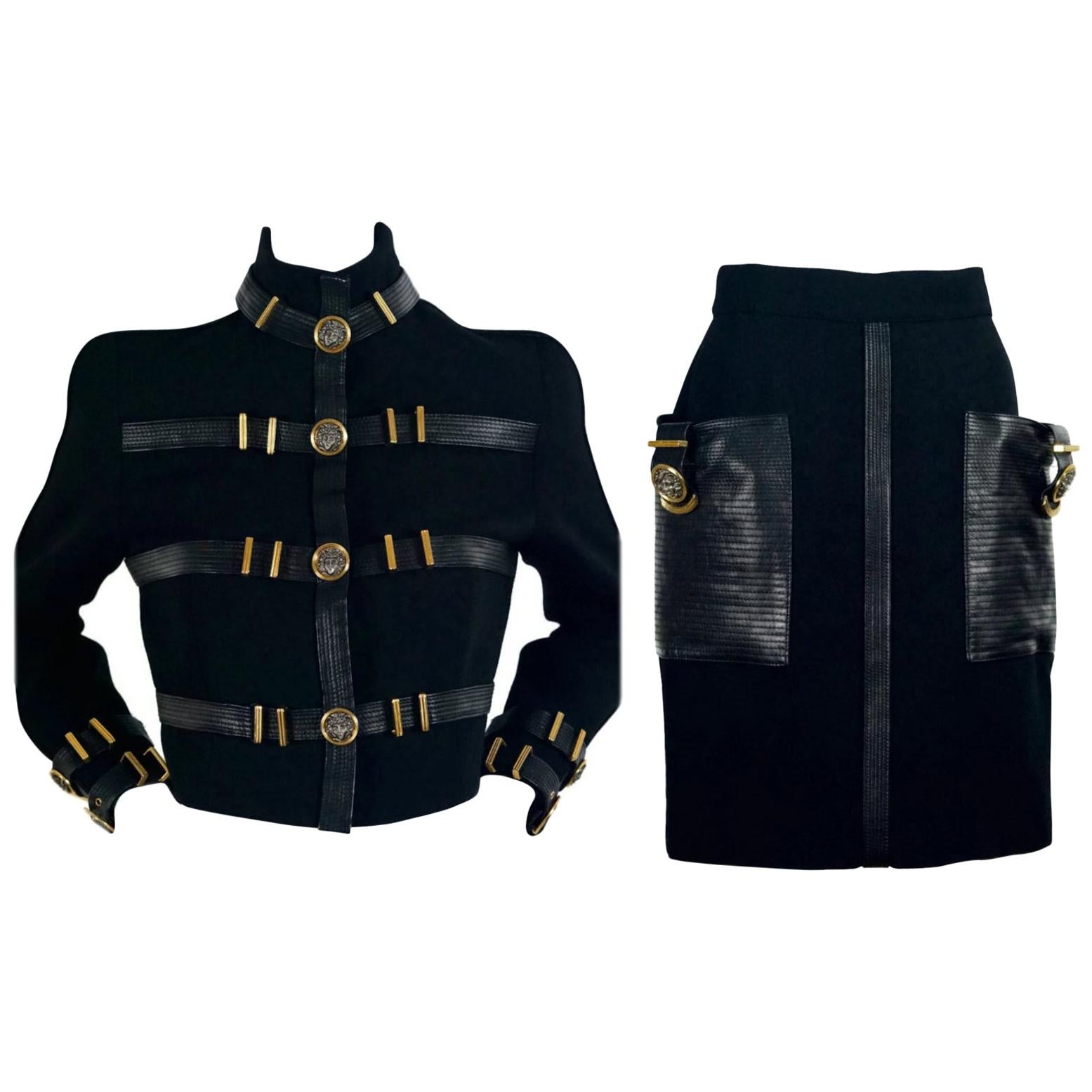 1992 GIANNI VERSACE COUTURE Iconic Leather Bondage Jacket Skirt Suit