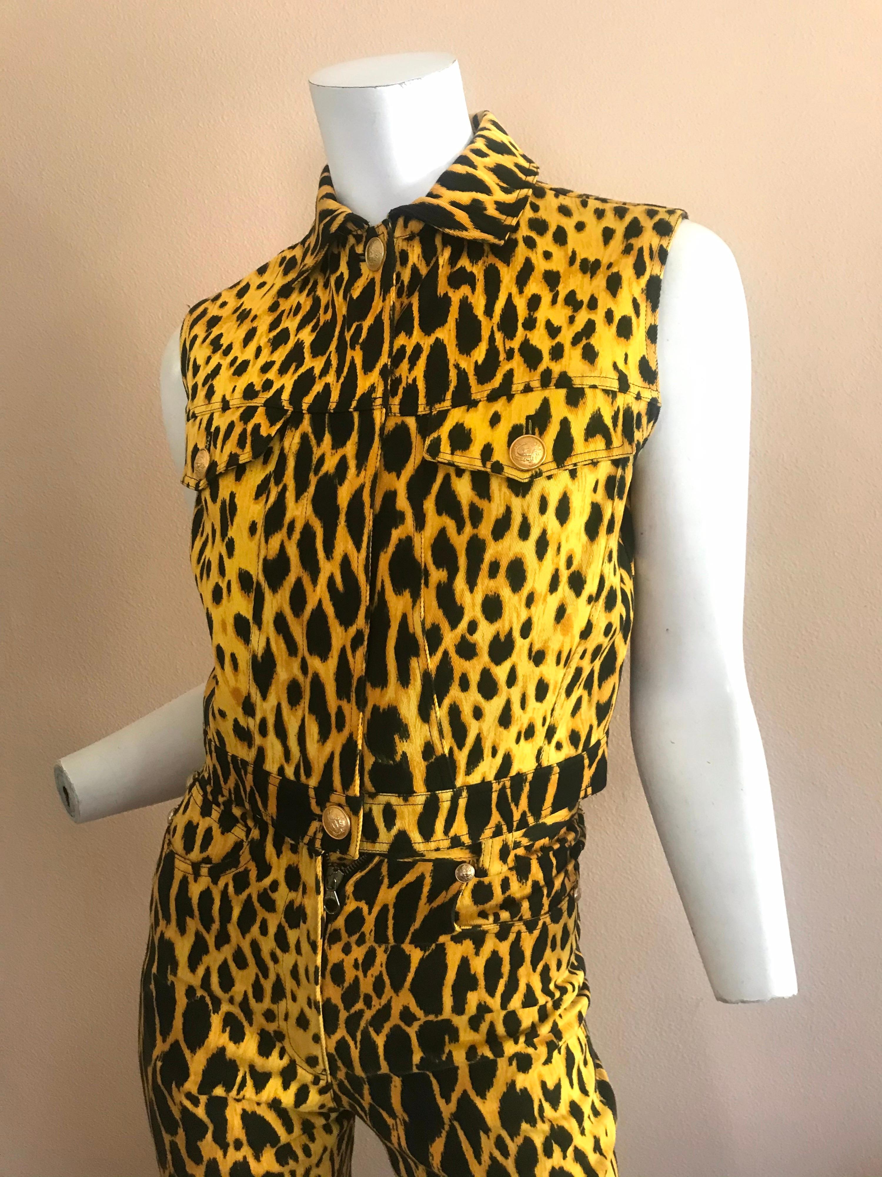 Brown 1992 Gianni Versace Denim Leopard Vest and Jeans For Sale