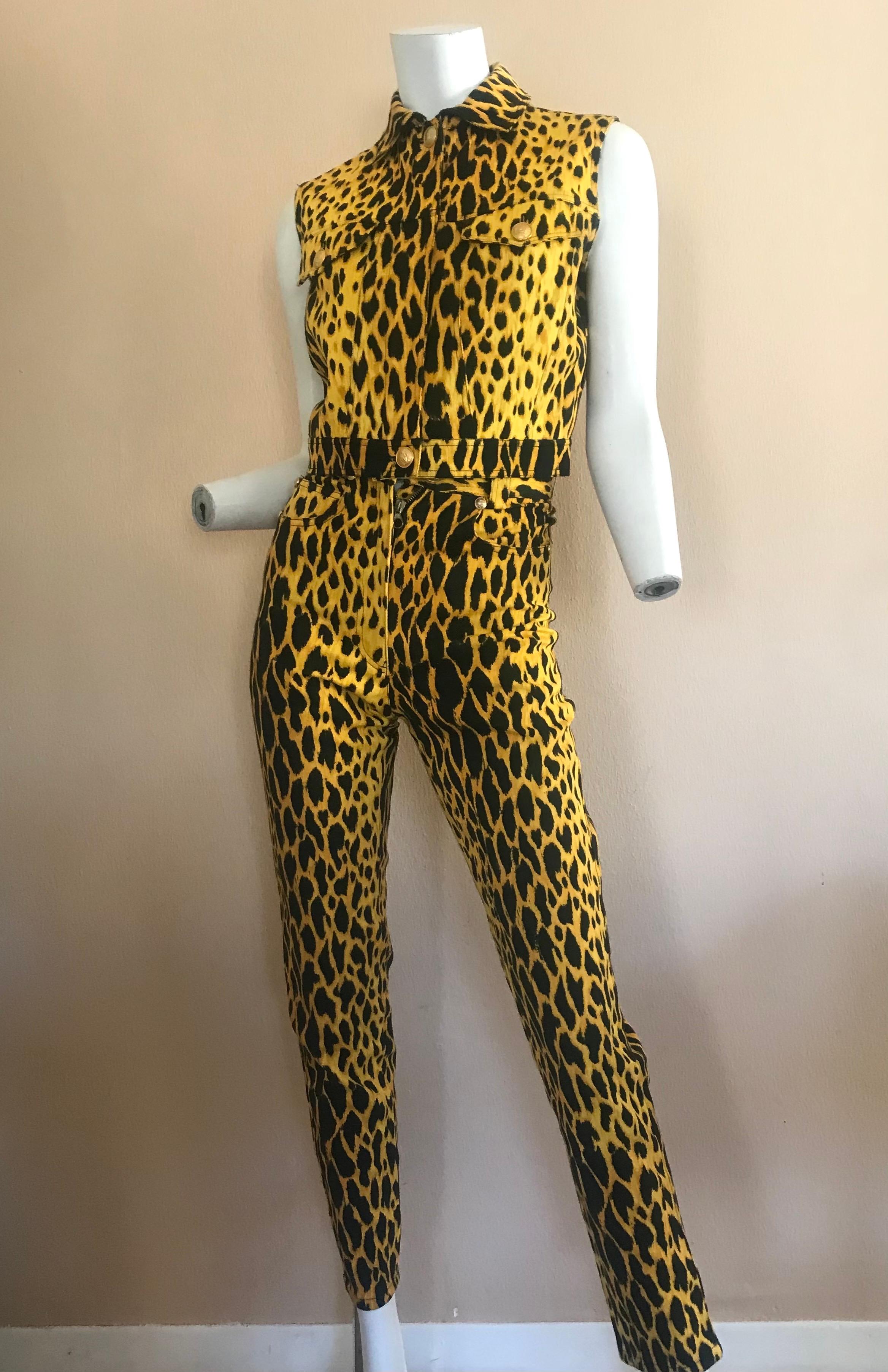 1992 Gianni Versace Denim Leopard Vest and Jeans In Excellent Condition For Sale In Austin, TX