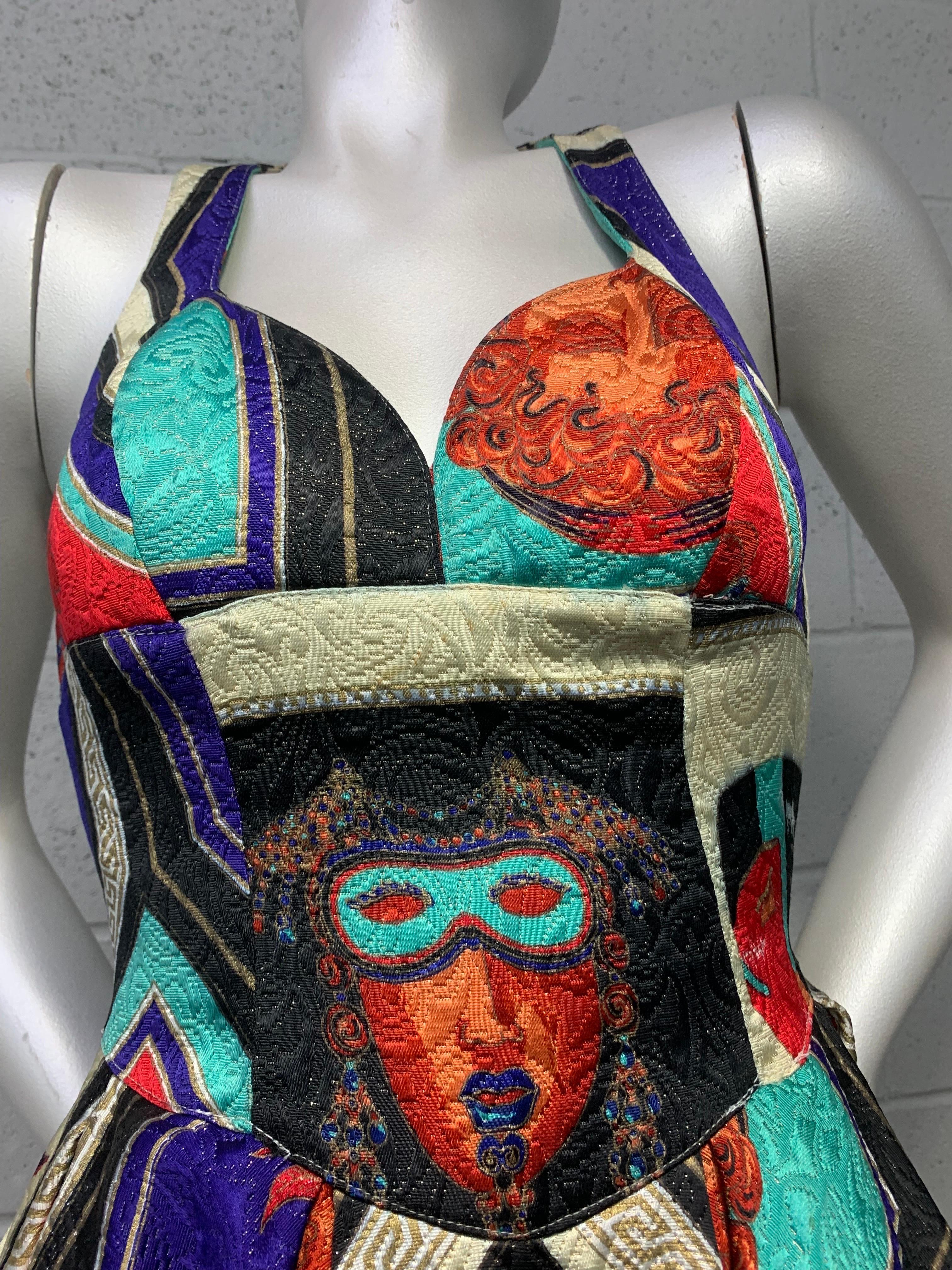 1992 Gianni Versace Masquerade-Inspired Silk Brocade Flared Mini Halter Dress  For Sale 6