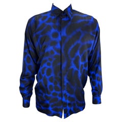 1992 Gianni Versace Men's Blue Leopard Print Silk Button Down Shirt