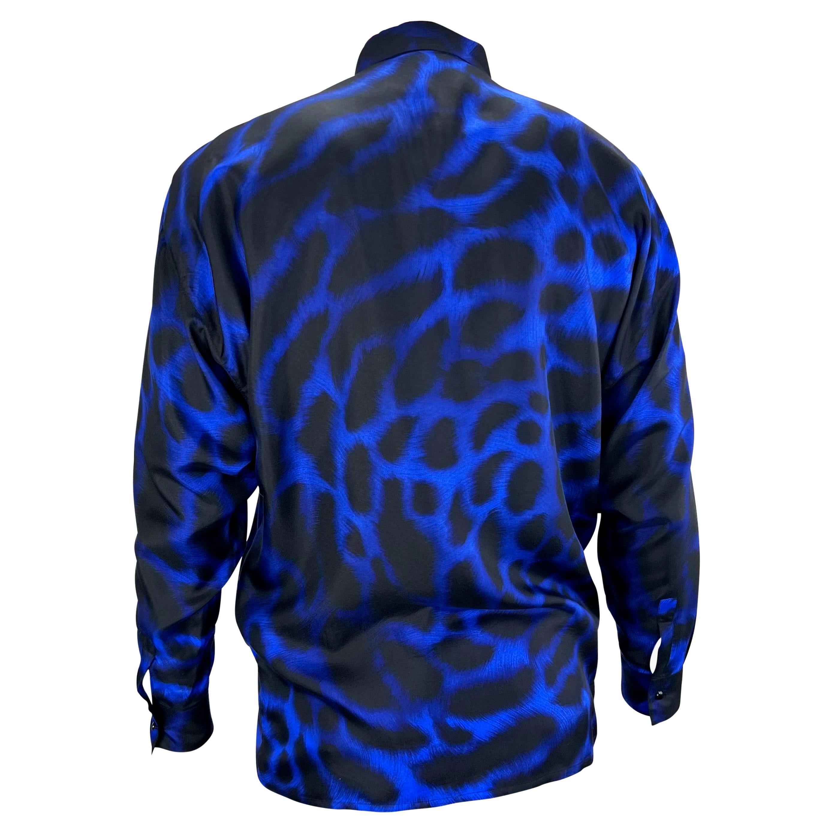 1992 Gianni Versace Men's Blue Leopard Print Silk Button Down Shirt 1