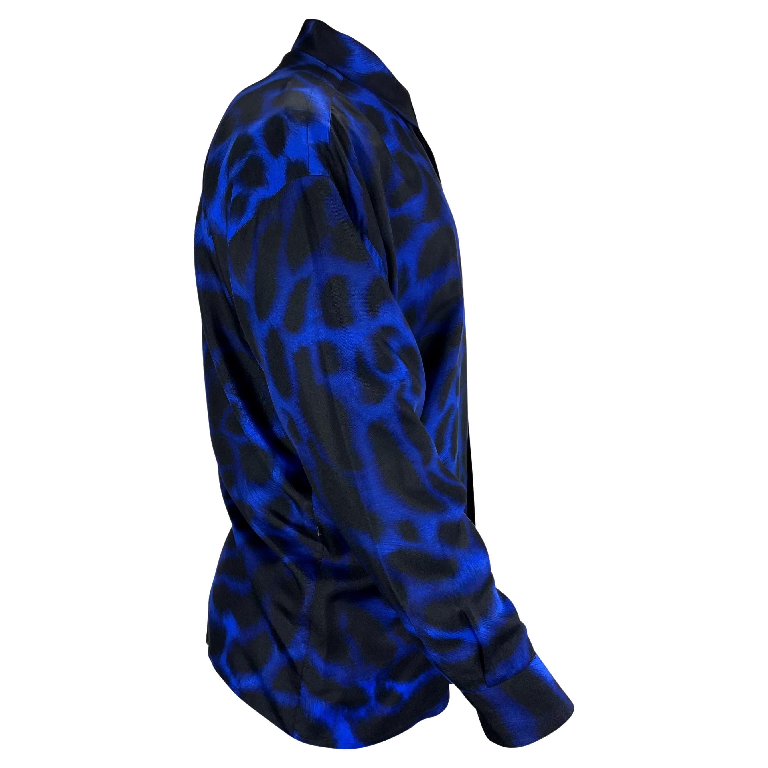 1992 Gianni Versace Men's Blue Leopard Print Silk Button Down Shirt 2